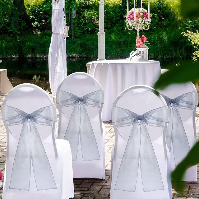 25 Pieces Organza Chair Sashes Wedding Chair Bows Organza Chair Bows Fuller Wider Sash Organza Chair Cover Bows for Wedding Party Birthday Decoration, 7.1 x 108.27 Inch (Silver-Gray)