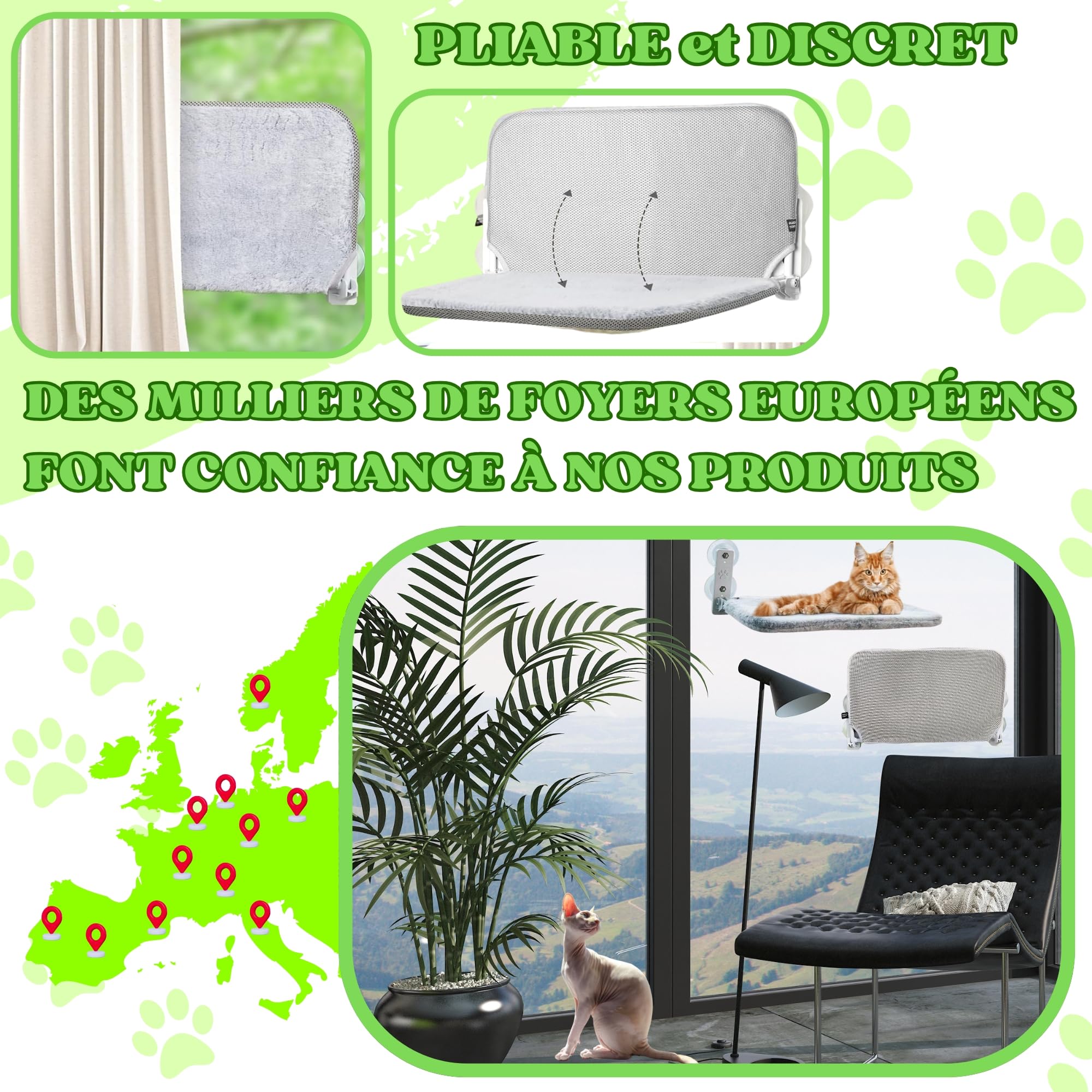 Hamac Chat Fenetre Pliable Lit pour Chat avec des Ventouses Stables Tapis réversible avec Jouet Inclus Code QR avec Instructions et vidéo de Montage