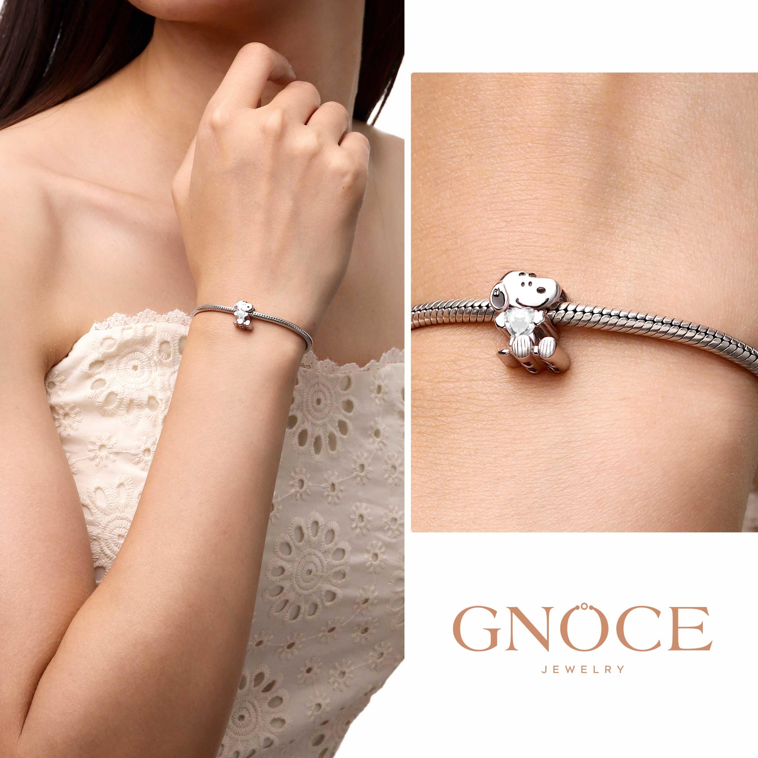 GNOCE Charm Perle Peanuts Snoopy Colgante De Plata De Ley 925 Con Piedra De Nacimiento Ideal Para Pulseras y Collares Ideal Como Regalo Para Mujeres