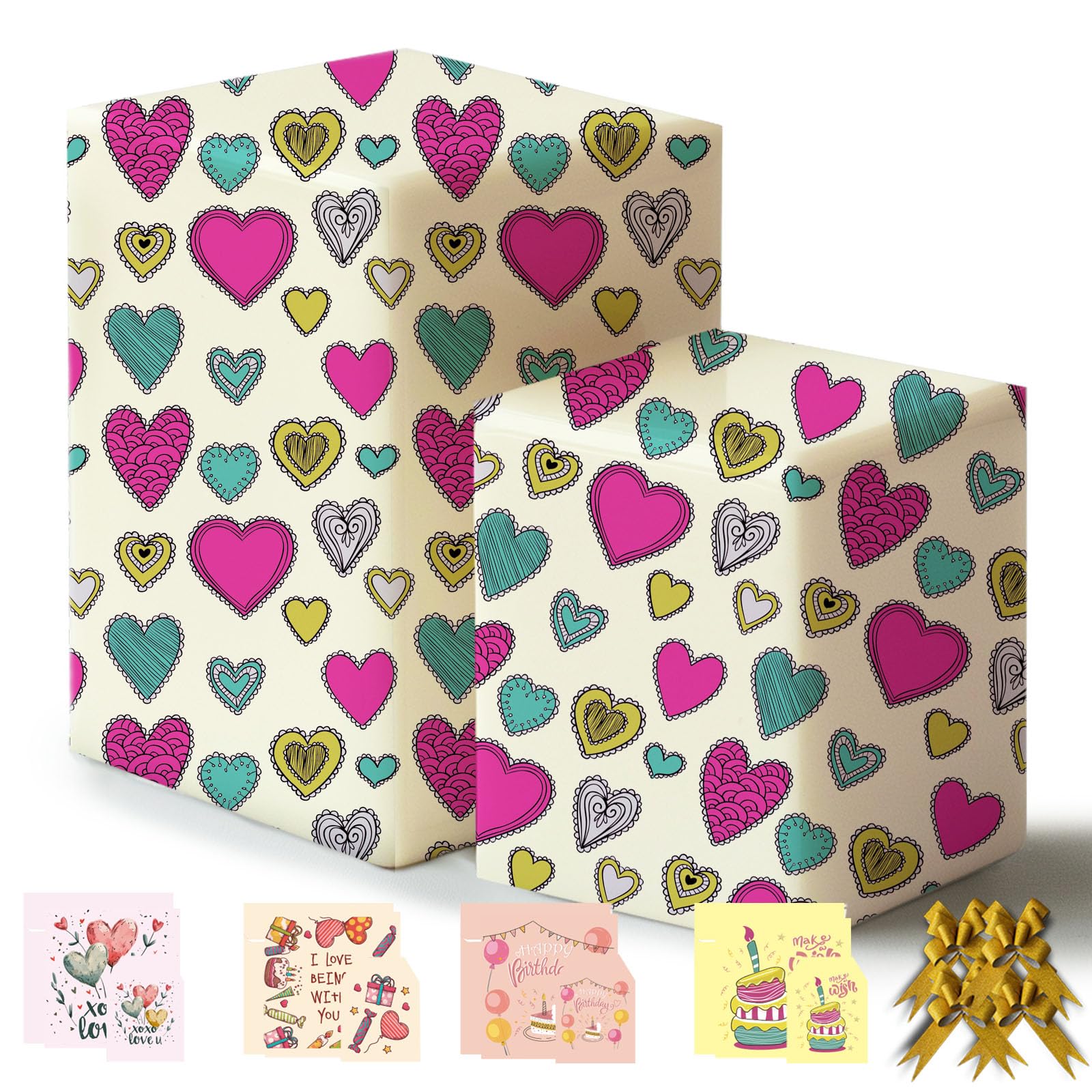 Colorful Heart Happy Birthday Wrapping Paper 43% Bigger 85 * 60cm,8 Sheets,8 Bows,8 Cards,8 Envelopes,8 Tags,Gift Wrap Pack for Her Girls,Mum,Wife,Sister,Daughter,Mother's day
