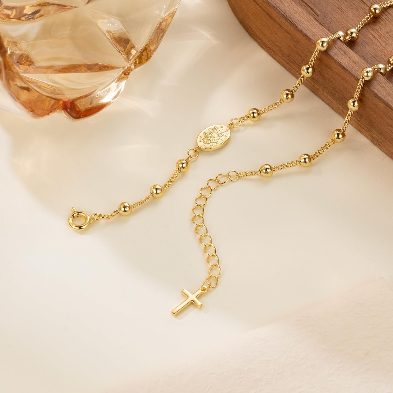 14K Gold Anklets for Women Gold Ankle Bracelets for Women Beads Accessory Chain Cross Anklets for Womens Virgin Mary Medallion and Delicate Cross Womens Ankle Bracelets Adjustable Length 9.4'' to 11'' - Image 3