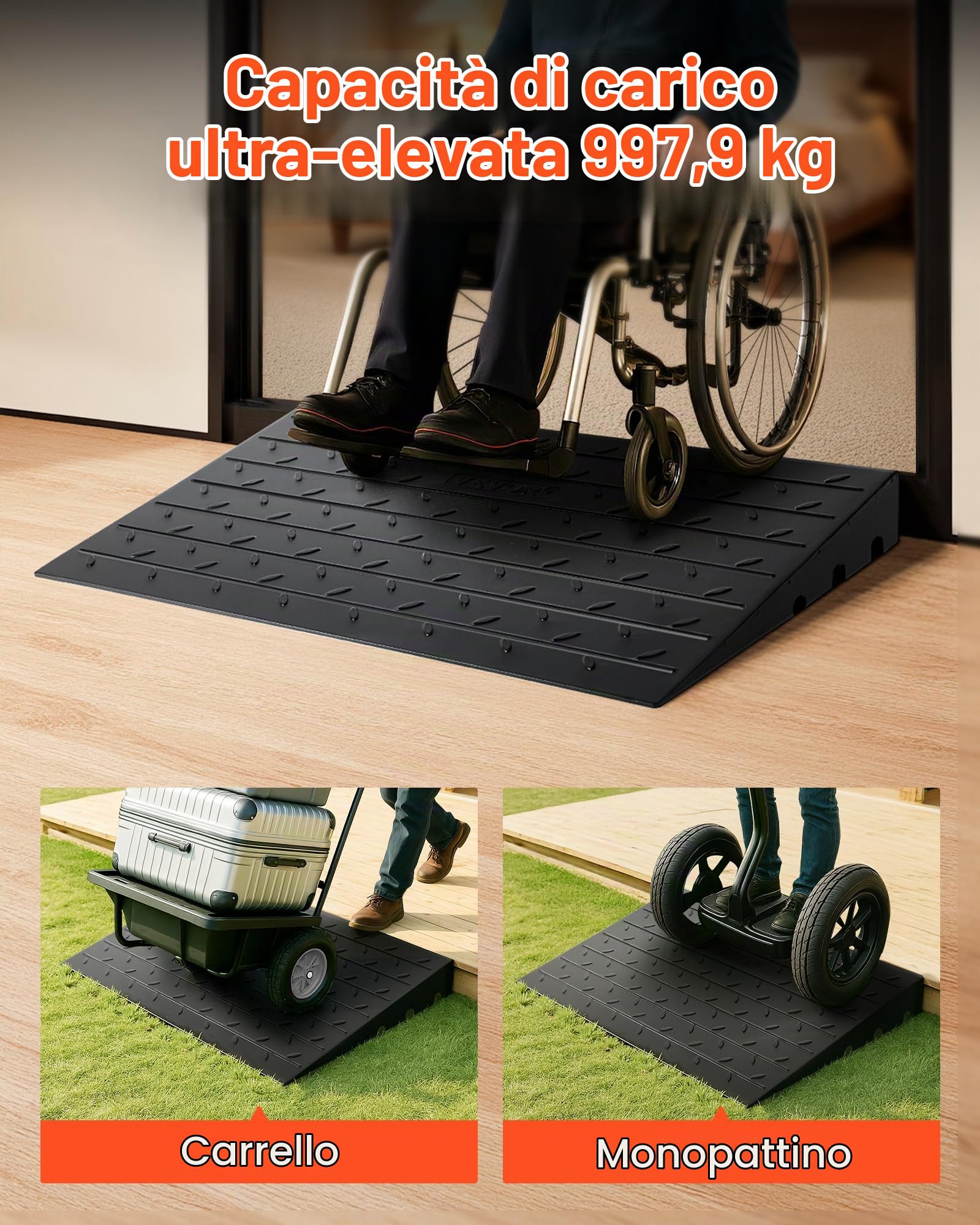 VEVOR Rampa di Soglia in Gomma, Porta con Rampa di Soglia 2,6", Copertura del Cavo a 3 Canali Rampa di Soglia in Gomma Solida, Ingresso Angolato in Gomma Capacità di Carico di 2202 libbre