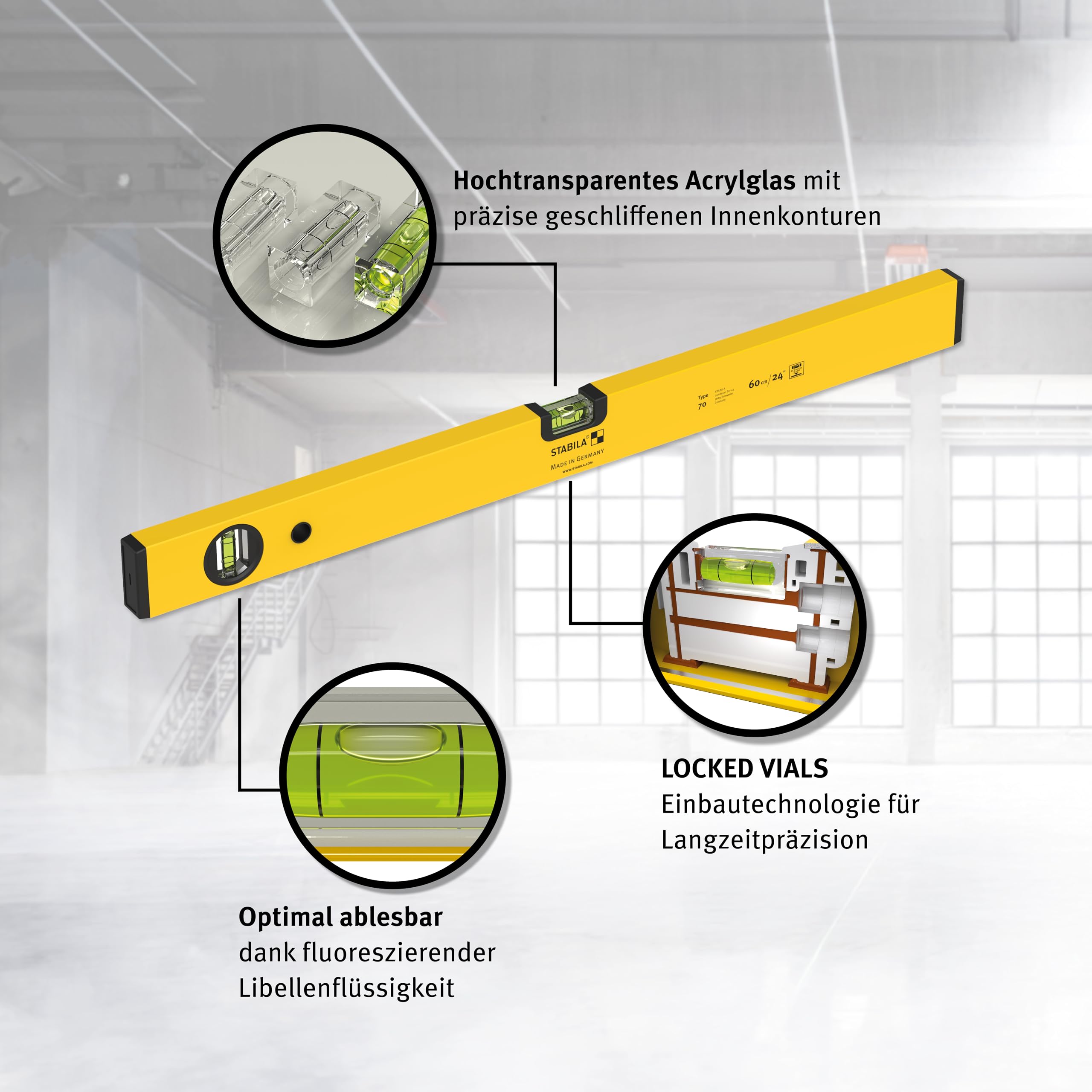 STABILA PRIME SET 70 3-teiliges Wasserwaagen Set 100 cm 60 cm 30 cm Horizontal Vertikal Libelle Kunststoff-Endkappen Made in Germany