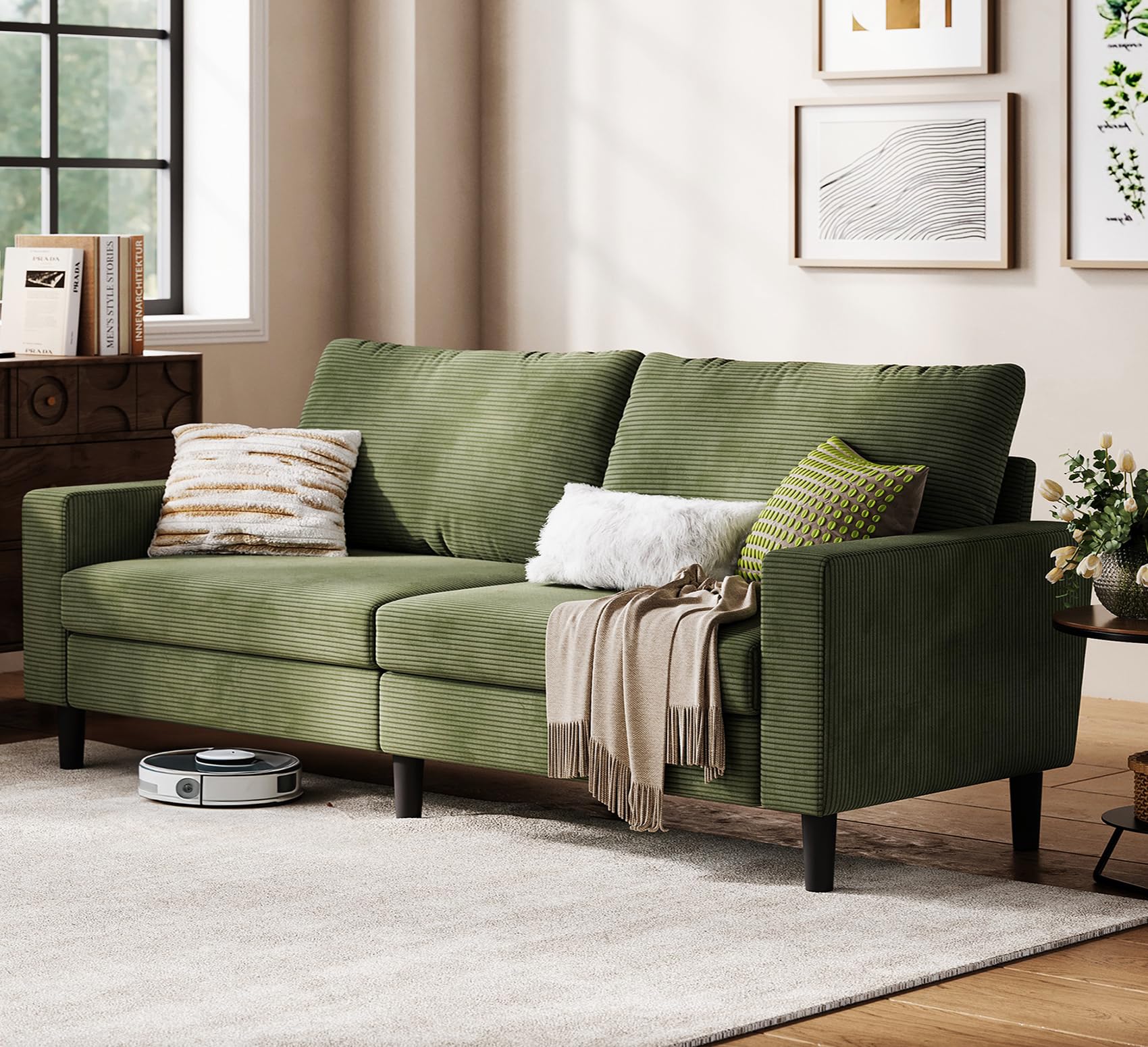 LINSY 79'' Loveseat Sofa: Comfy Corduroy Love Seat Couch with Adjustable Deep Seat Modern Green Loveseat Couches for Living Room Office Bedroom Apartment, Green