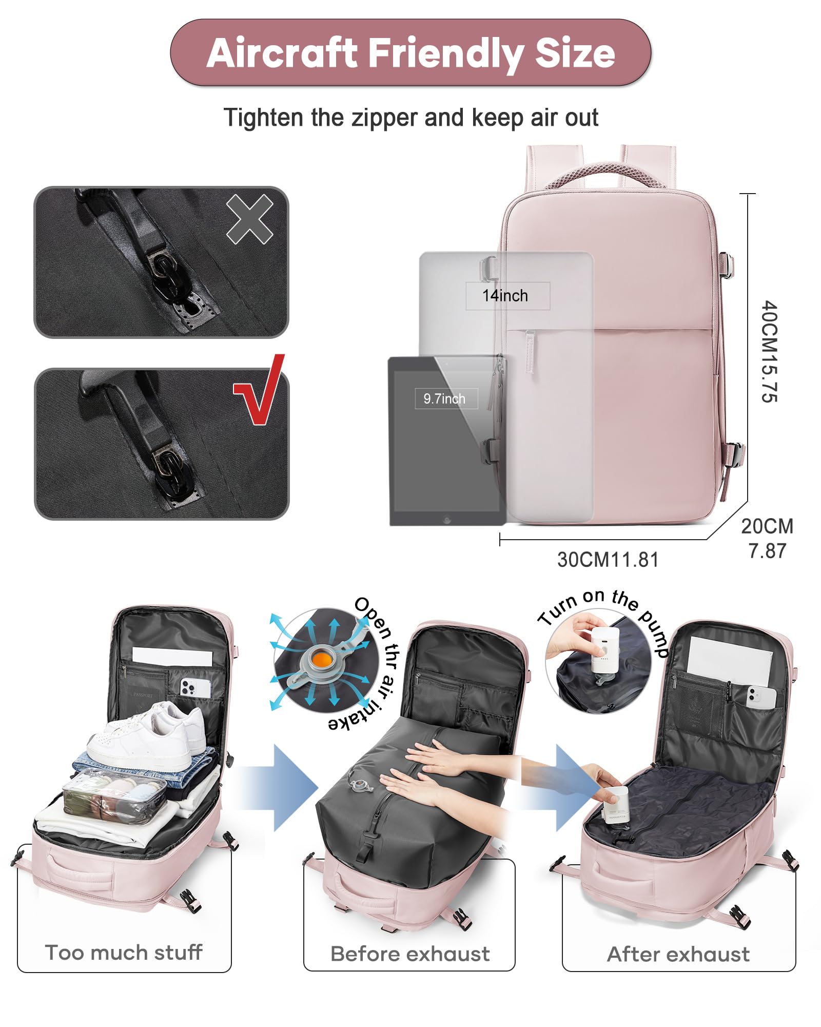 SZLX Zaino A Vuoto Bagaglio A Mano Donna, Zaino Airbag Con Sistema Di Vuoto Per Viaggi, Ryanair Viaggio Ruscksack Dimensione Cabina Con Pompa Impermeabile Uomo Valigia A Vuoto