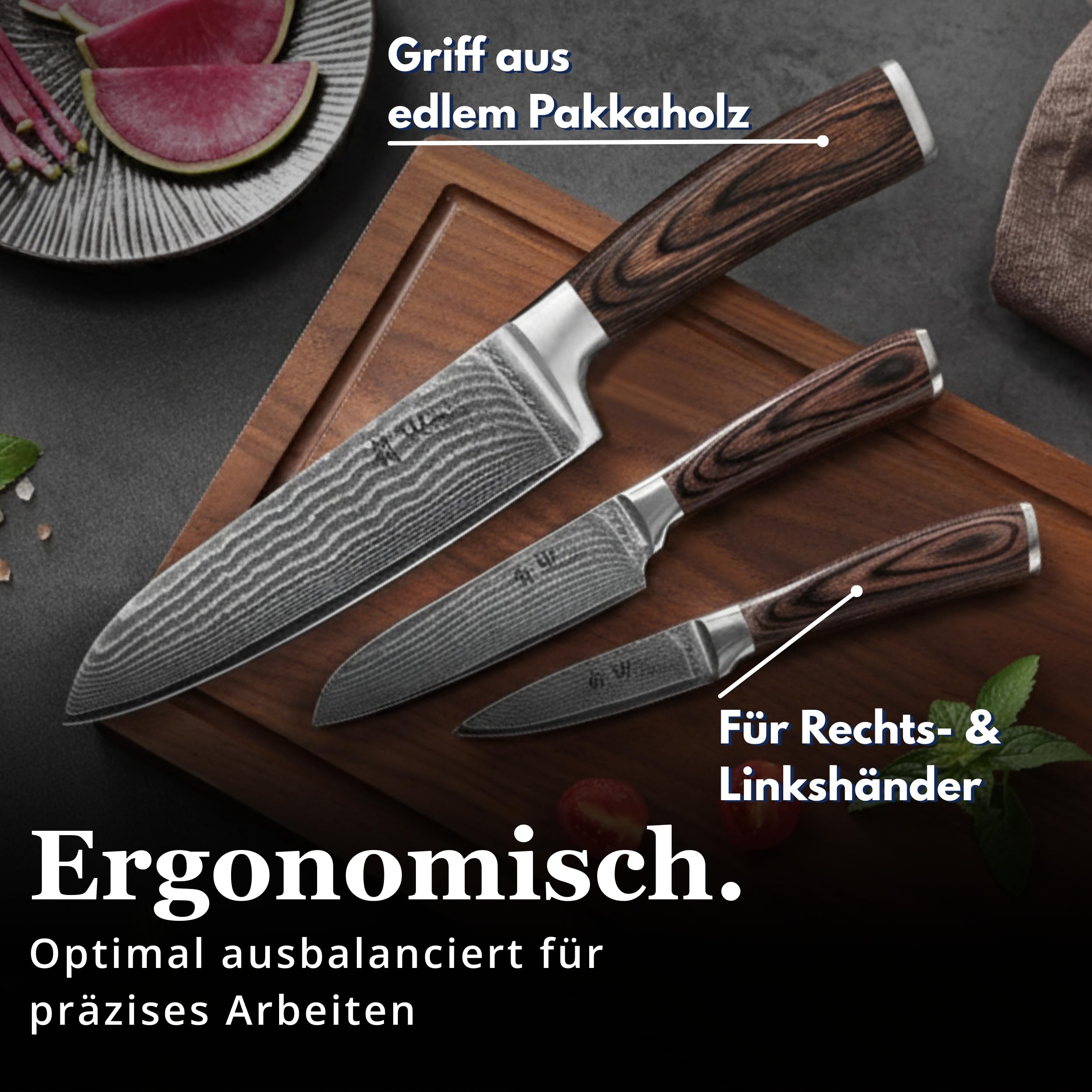 Wakoli EDIB 3-teiliges Küchenmesser Set aus echtem Damaststahl (VG10 Kern) in Geschenkbox aus Holz – Scharf & ergonomisch – Damastmesser Set mit Pakkaholzgriffen