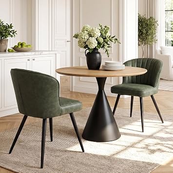 Modern Upholstered Dining Chairs Set of 2 Green Leather Dining Room Chairs Armless Kitchen Chair with Black Metal Legs