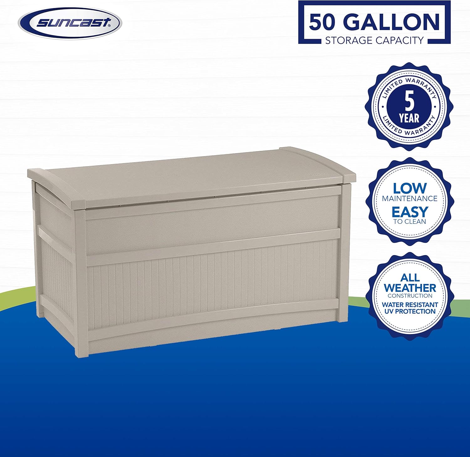 Suncast 50-Gallon Medium Deck Box - Lightweight Resin Indoor/Outdoor Storage Container and Seat for Patio Cushions and Gardening Tools - Store Items on Patio, Garage, Yard - Gray : Rubbermaid Deck Box : Patio, Lawn & Garden