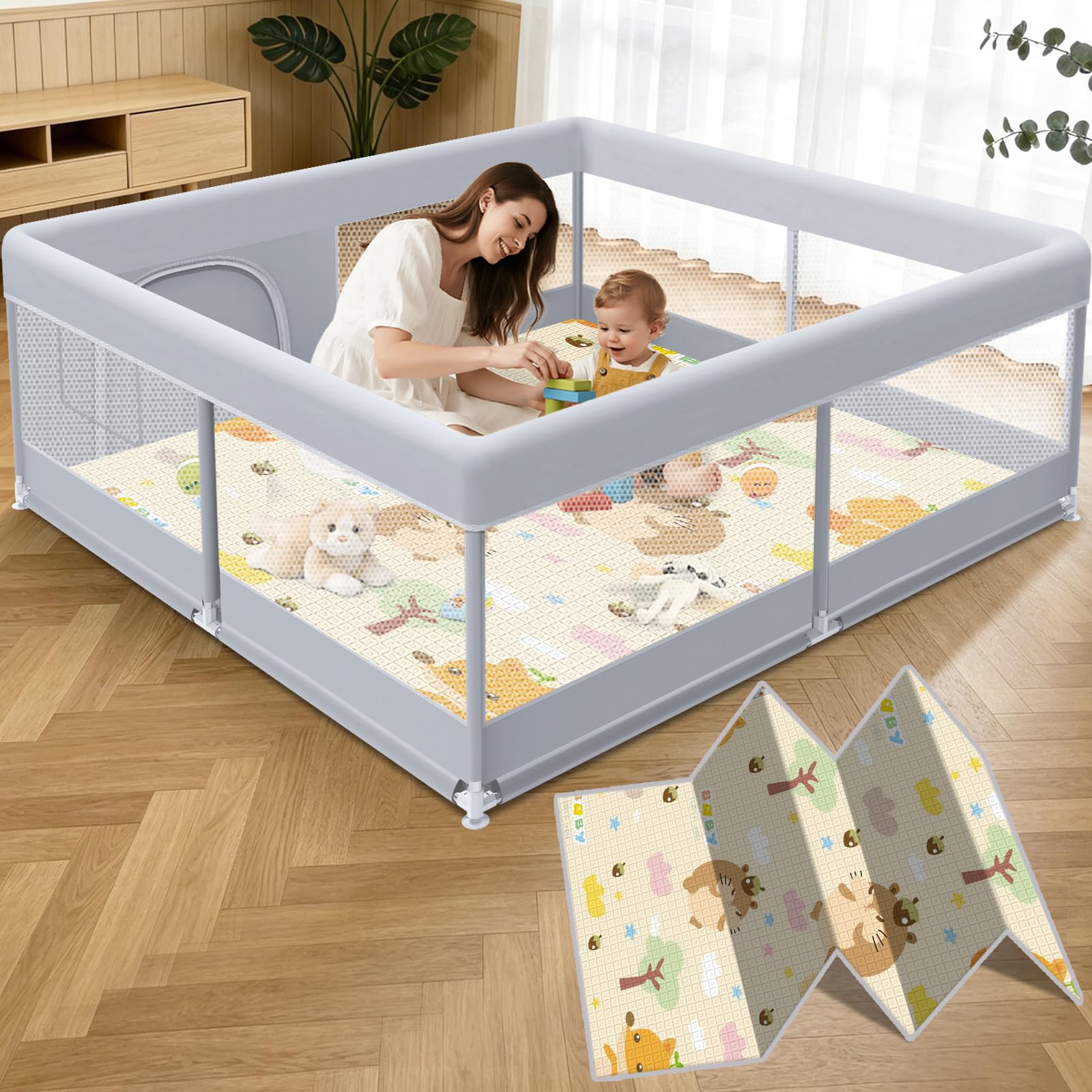 xvishx baby playpen with mat, 50 x 50 inch play pen playards, playpen for babies and toddlers, baby playard for indoor & outdoor active center game fence, skin-friendly fabric and soft breathable mesh