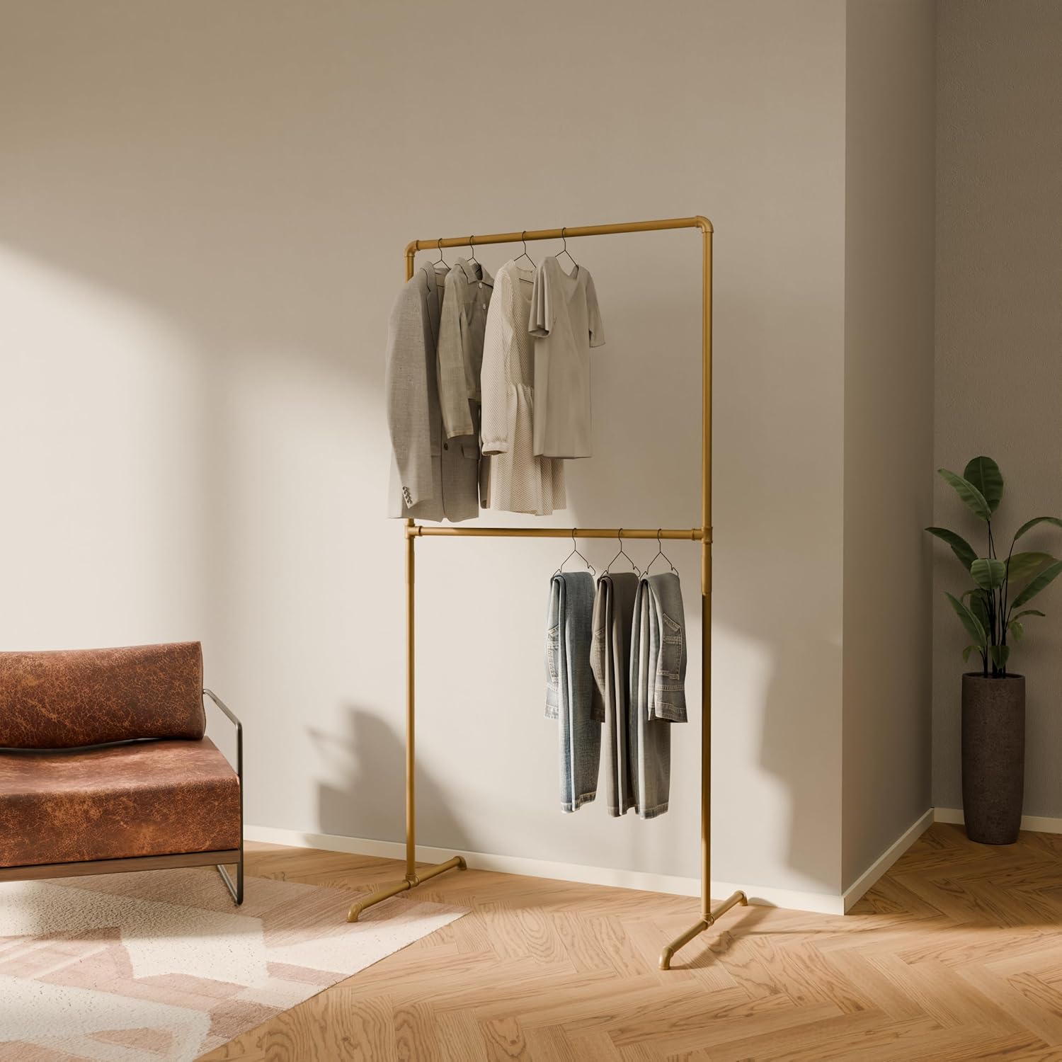 pamo Freestanding Clothes Rack – 170 lbs Load Capacity – Open Closet or Industrial Garment Rack for Bedroom or Walk-In Closet – Gold Metal Pipe Design No Shelf 1