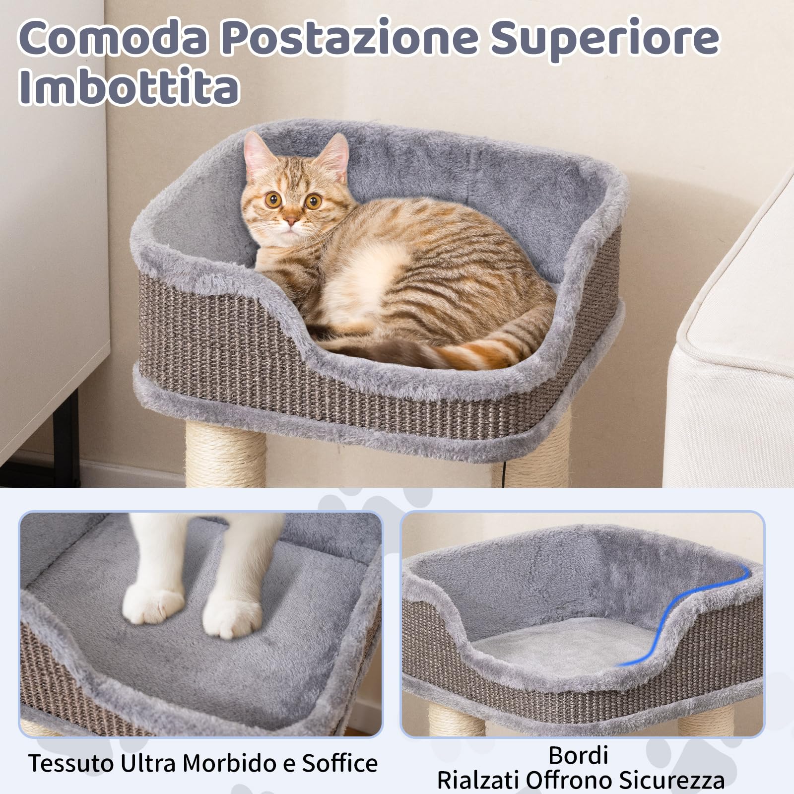 COSTWAY Albero per Gatti 38 x 38,5 x 51 cm, Tiragraffi per Gatti con Posatoio in Peluche, Pali Graffianti in Sisal e Palla Pendente, Centro Attività Moderno per Animali Domestici (Grigio)