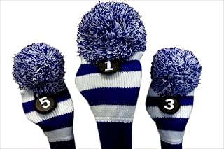 Majek Golf Club Head Covers: Blue & White Knit Retro Vintage Stripe Pom Pom Throwback Classic 460cc Driver Fairway Metal Wood Headcovers