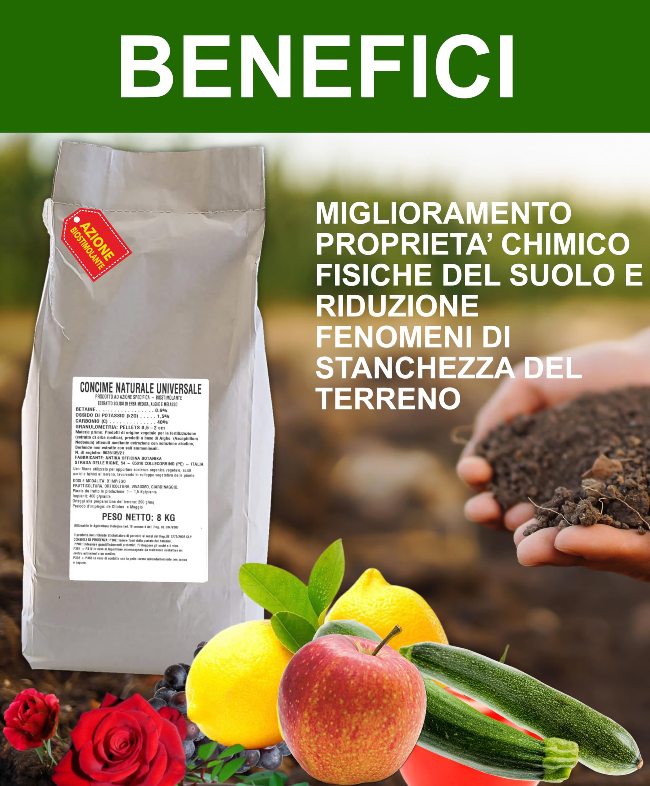 Concime Bio naturale ad azione biostimolante con ascophillum nodosum e borlanda essiccata per orto, frutteto, giardinaggio, vivaismo busta da 8 kg (Duo pack da 16 Kg)