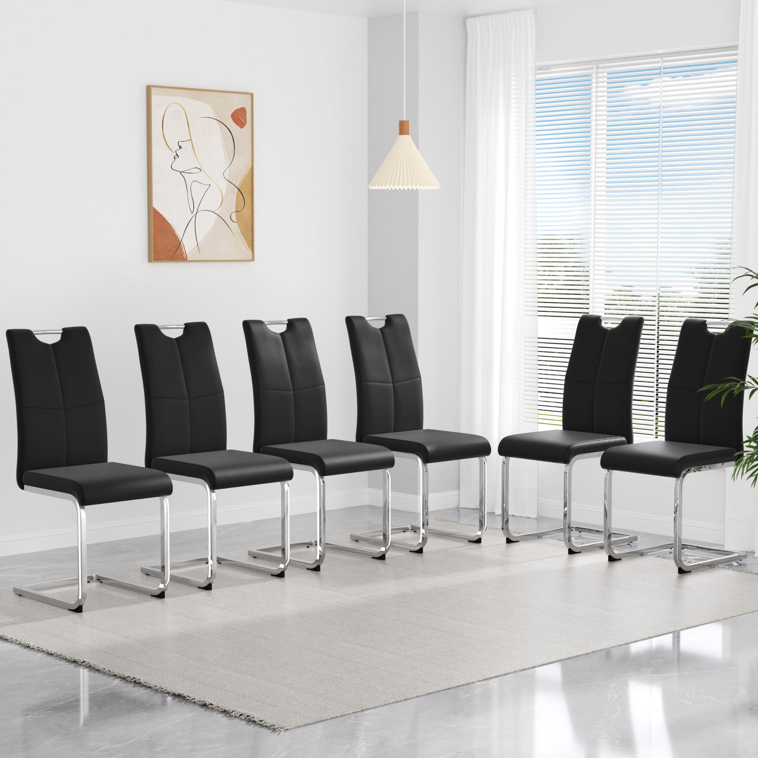 yeag Modern Dining Chairs Set of 6, Upholstered Kitchen Chairs High Back, Faux Leather Dining Chairs with Silver Metal Legs, Armless Side Chair for