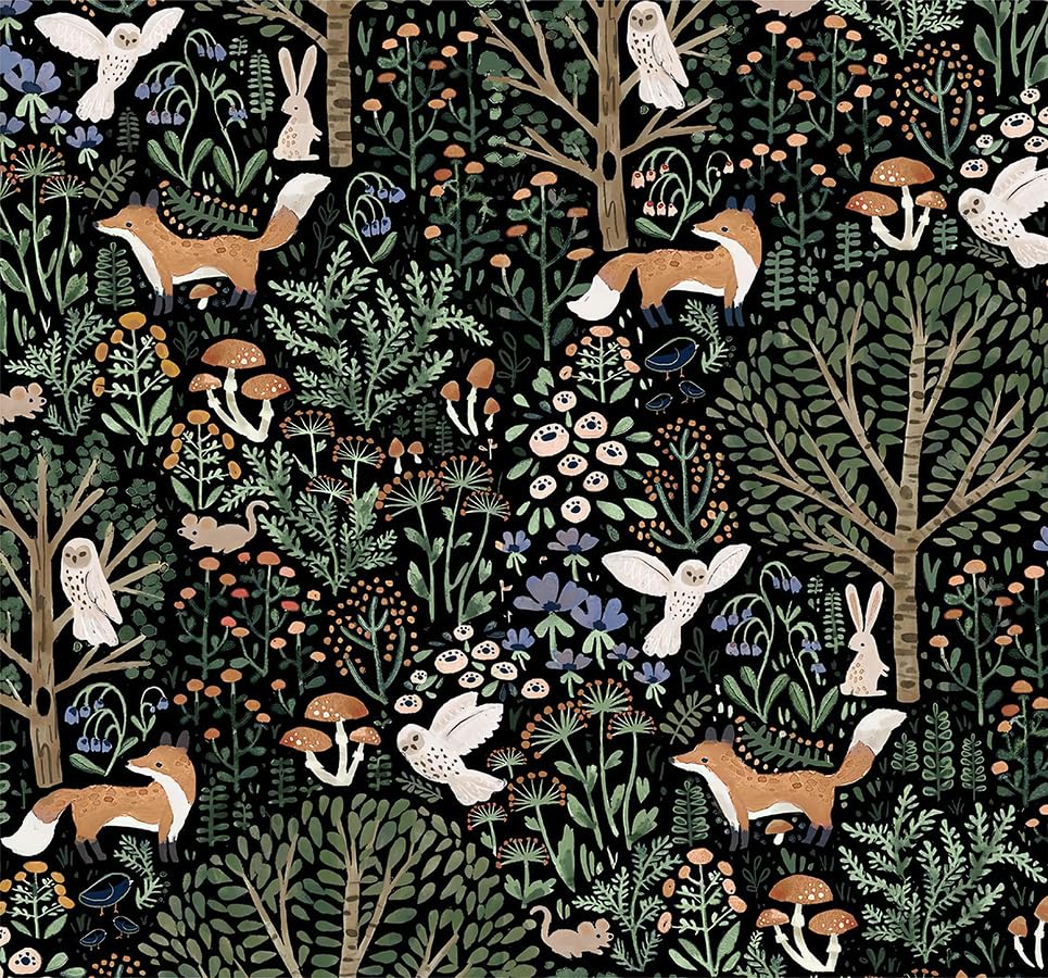 Vintage Dark Black Fairy Forest Animals Mushroom Fox Owl Peel and Stick Wallpaper Self Adhesive Removable Easy Peel Off Stick on Wall Paper for