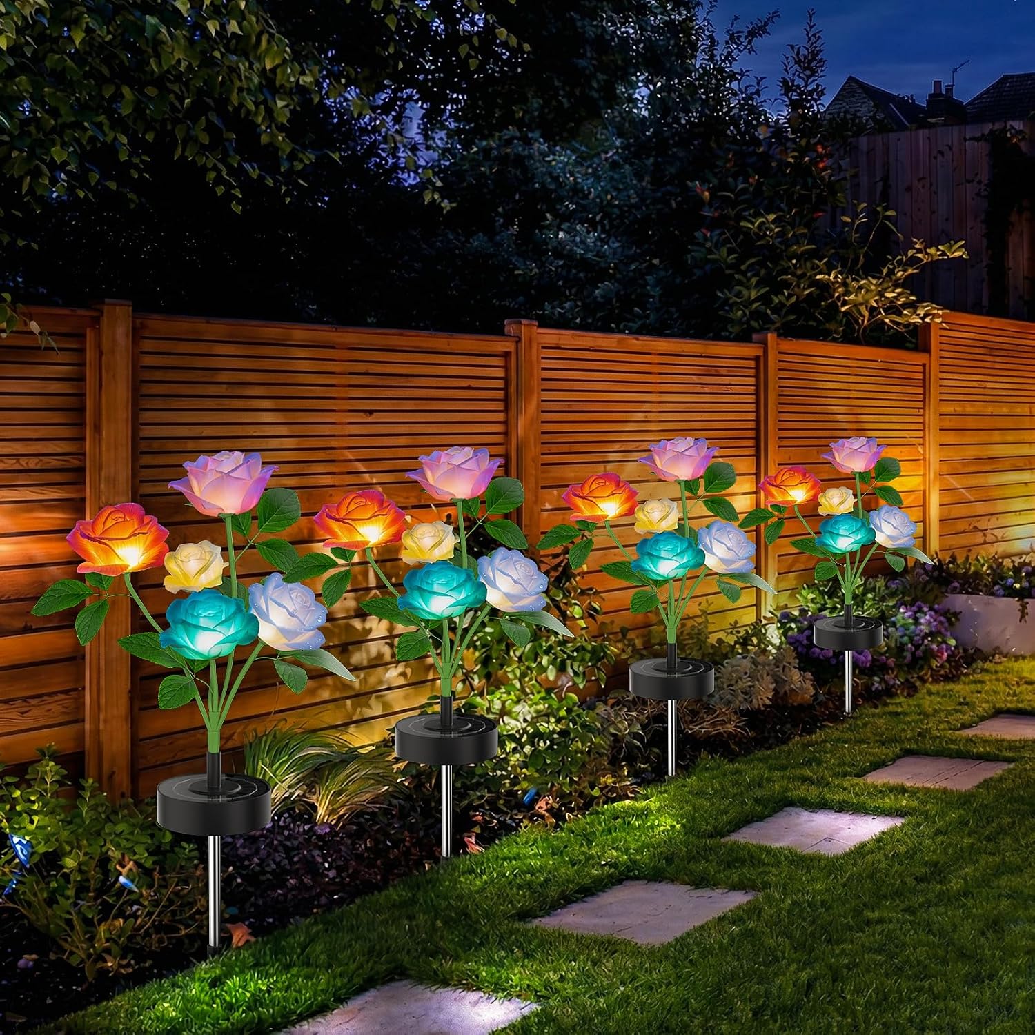 2026 Upgraded Solar Lights Outdoor, 4 Pack Solar Garden Lights with Placeable Base, 7 Color Changing Flower Lights Waterproof, Larger Panel for Yard Patio Garden Home Decor, Gift for Mom