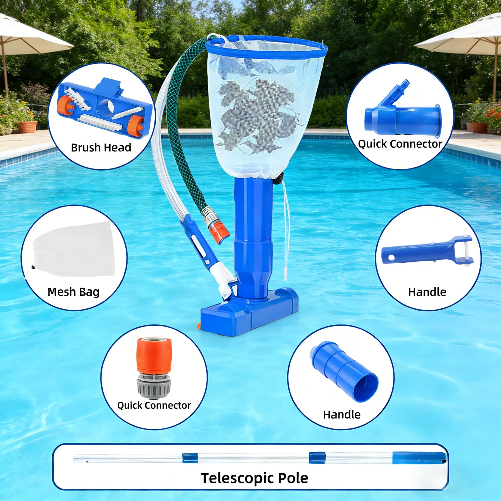 Pool Bodensauger Set, Tragbarer Jet Vacuum Head Pool Staubsauger mit Teleskopstange, Pool Reinigungsset mit Scheuerbürste und Skimmernetz für Schwimmbadreinigung Blätter Schmutz Sand Schlamm