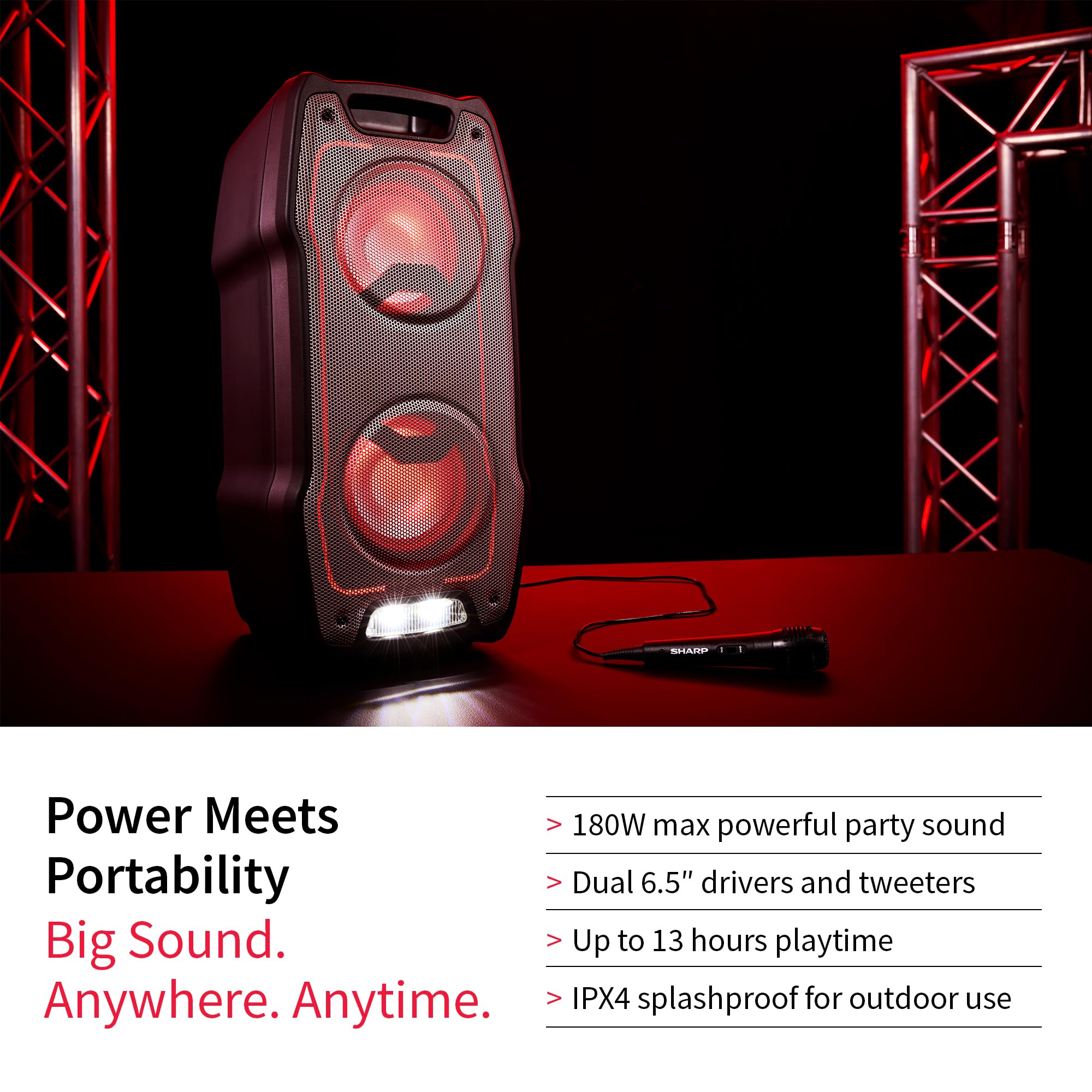Sharp PS-931 Party Speaker, microfono, TWS, Bluetooth, 2xUSB, 2 porte da 6,3 mm per microfono e chitarra, luci multicolori, 180W P.maxima, batteria litio integrata con fino a 13 ore di riproduzione