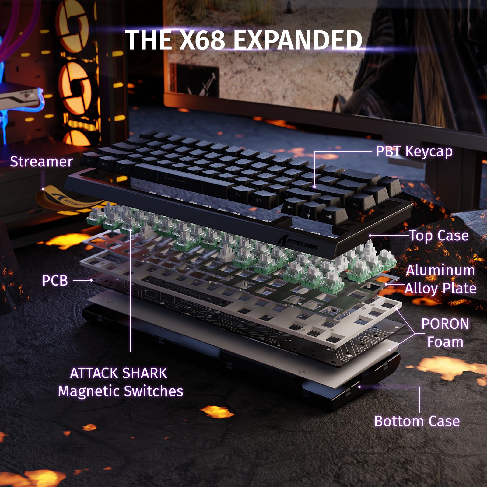 MAMBASNAKE ATTACK SHARK X68 HE Rapid Trigger Klawiatura i Bezprzewodowa Mysz do Gier R1 i 8KHz Kabel Spiralny Combos, Dokładność RT 0,01mm, 8KHz Przewodowa Klawiatura Magnetyczna, do PC/Mac — Czarna