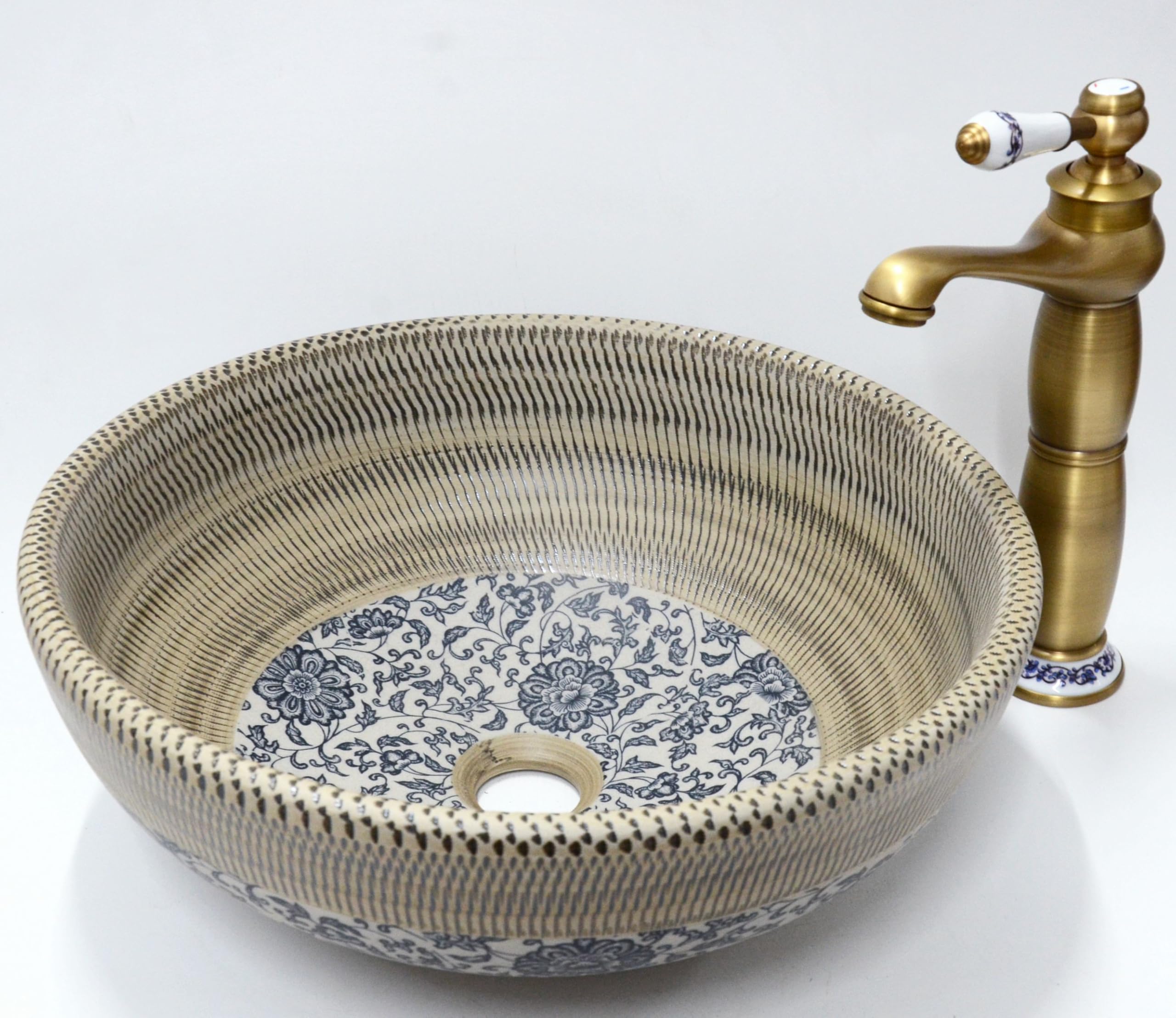 Vintage Kasbah Floral Patterned Vintage Bathroom Cloakroom Round Ceramic Counter Top Basin Sink Washing Bowl Craft Handmade Moroccan Hand Painted 400 mm, 350 mm, 300 mm (35 cm)