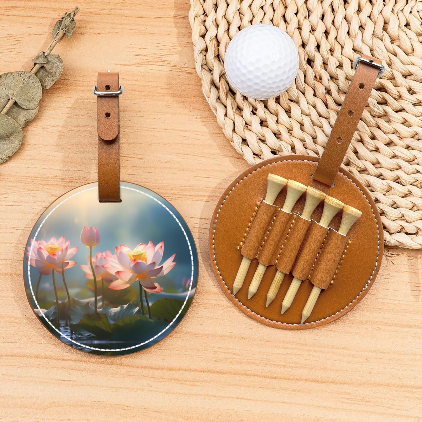 flowering lotus Brown Printed golf tee storage bag - portable design, easy to organize tee