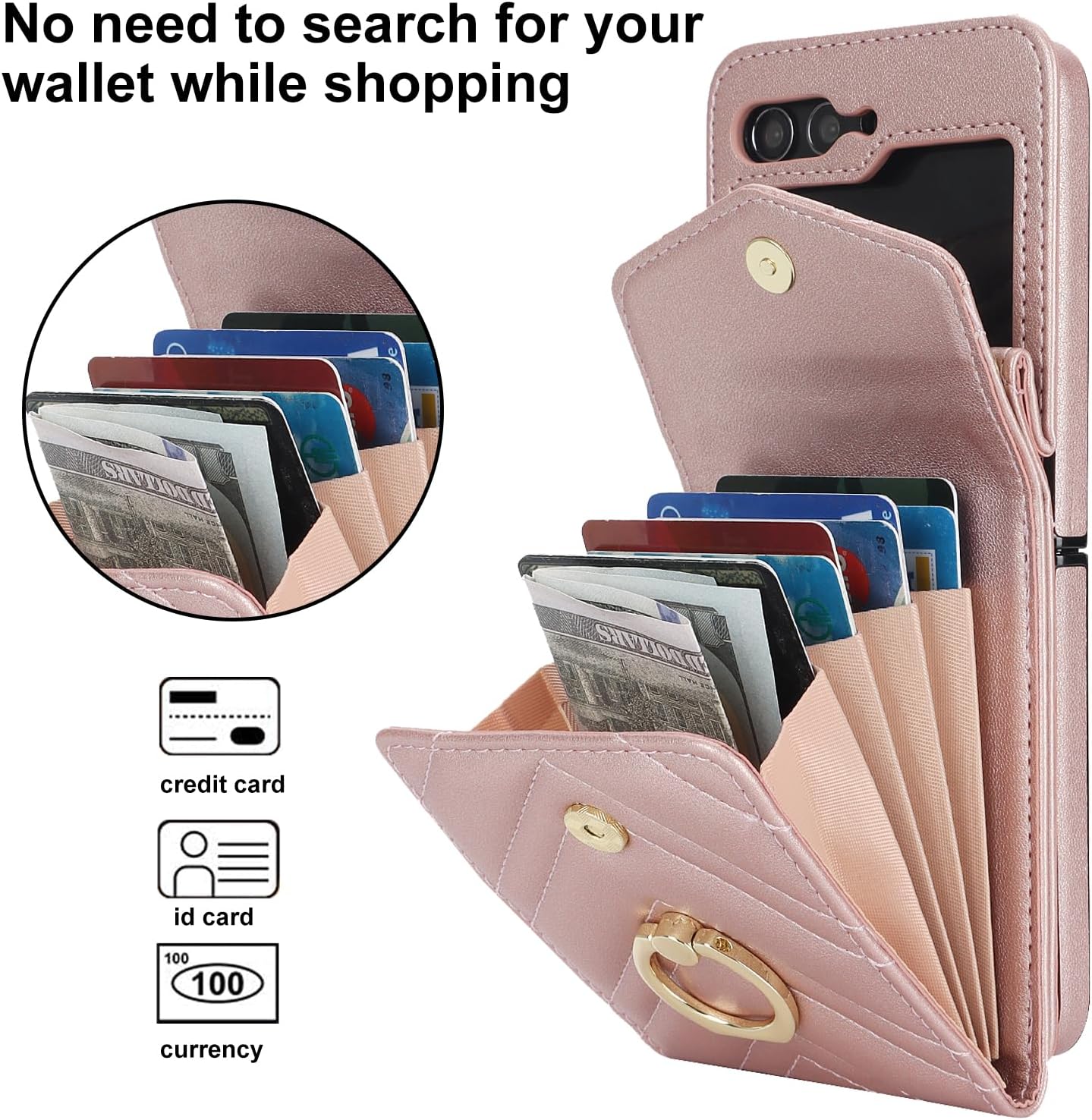 Asuwish Phone Case for Samsung Galaxy Z Flip 6 5G 2024 Wallet Cover with RFID Blocking Ring Crossbody Wrist Strap Stand Credit Card Holder Purse Cell ZFlip6 Z6 G Flip6 6Z Women Men Girls Rose Gold