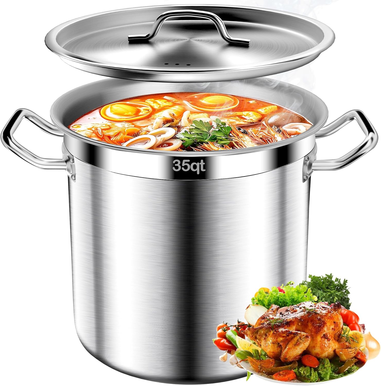 Large Stock Pot-35QT Stainless Steel Stockpot with Lid, Heavy Duty Tri-Ply Bottom Commercial Grade Stock Pot & Stockpots for Boiling Cooking Soup Stew Canning Cooking Pots, Big Stockpot, Deep Cookware