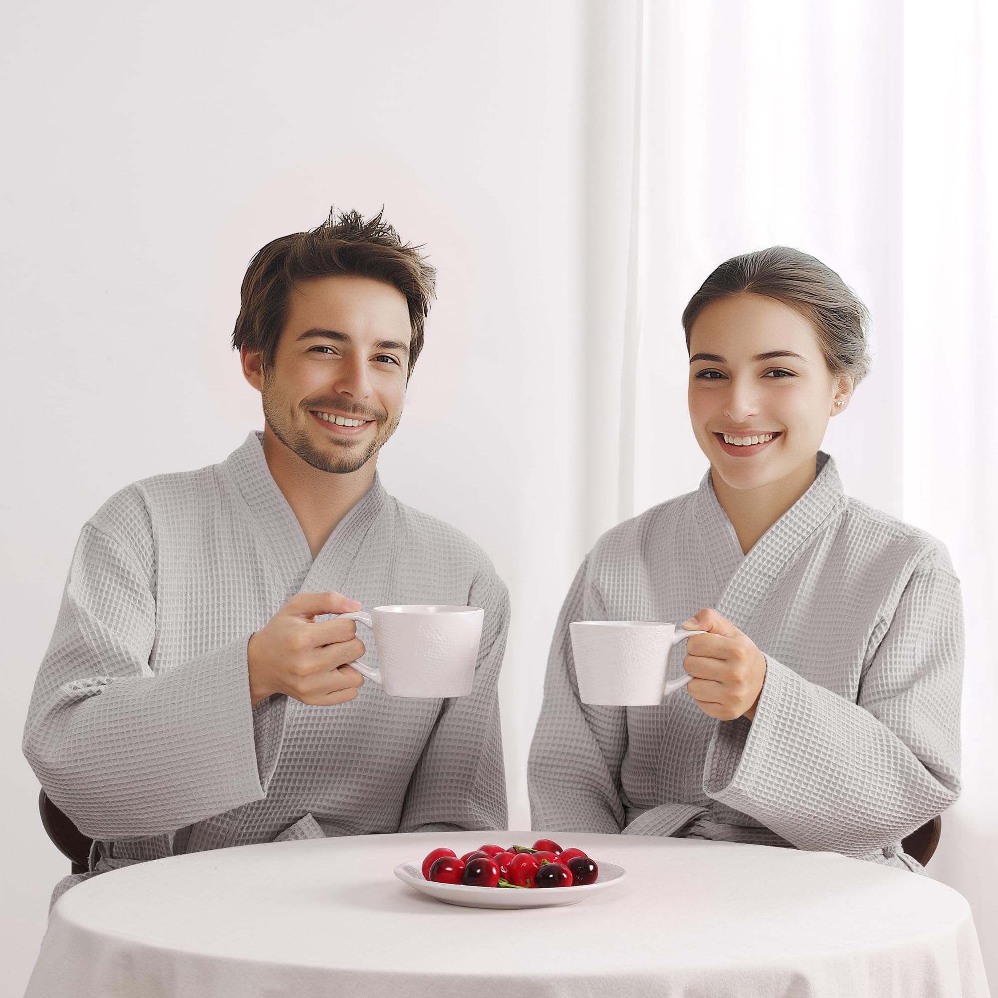 HOMELEVEL Peignoir de Bain Femme Homme - Robe de Chambre Kimono Taille S à 6XL en 100% Coton Doux et Absorbant - Sortie de Bain Texture Gaufrée Nid dAbeille pour Douche Piscine