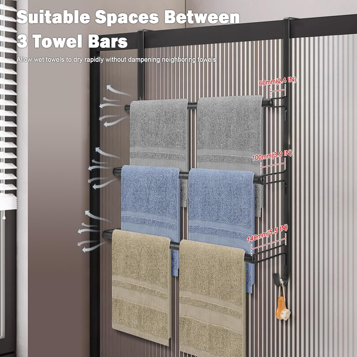 Livabber 3-Tier Over The Door Towel Rack, All Metal Towel Rack with Hooks for Door Hanging, Behind Door Towel Bar Towel Storage Holder for Bathroom Accessories, Black (19.37 L x 5.9 W x 24.4 H)