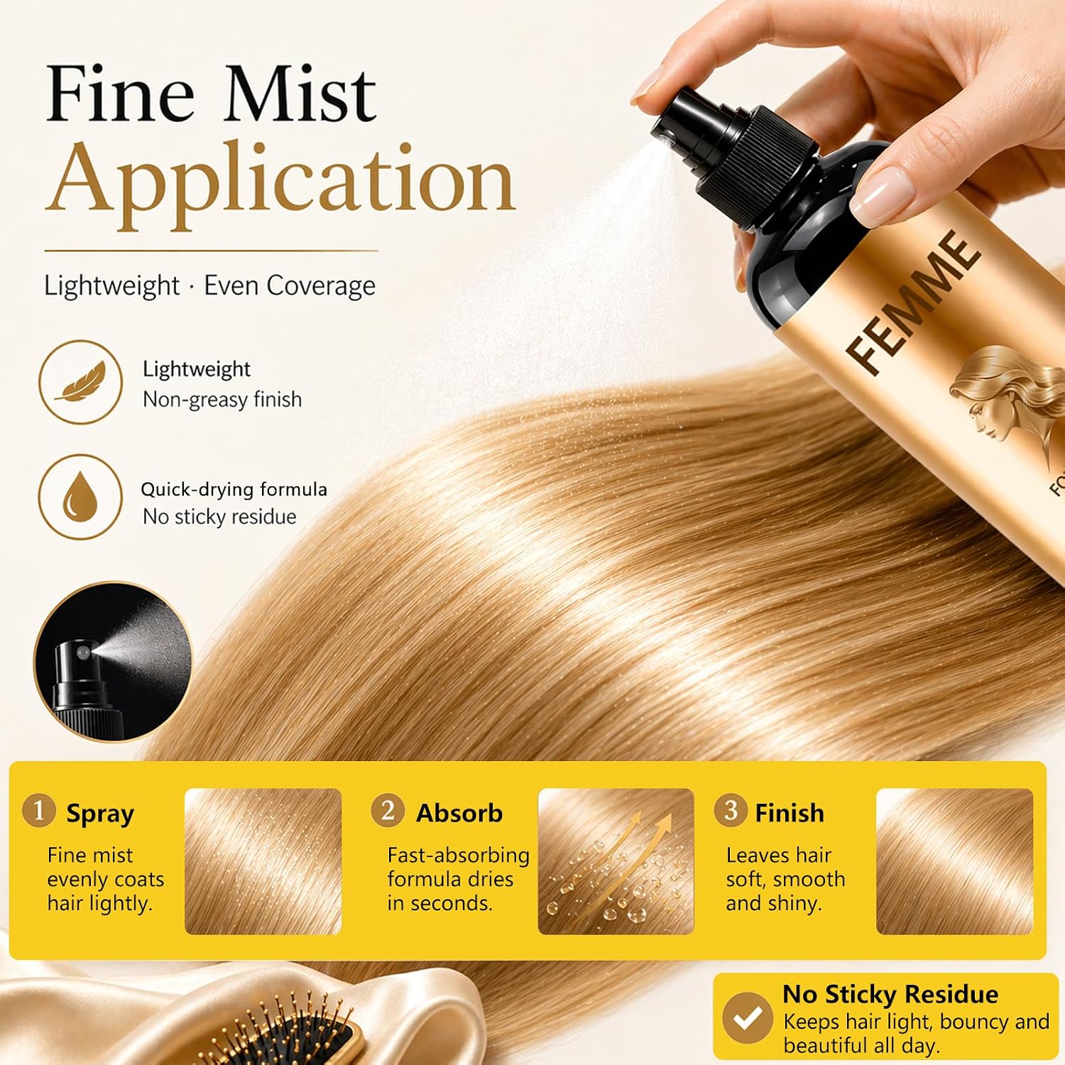 FEMME Silkening Hair Mist, Lightweight Leave-In Spray for Smooth, Soft & Frizz Control, Hydrating Shine Mist for Dry & Dull Hair, Non-Greasy Daily Hair Care, 8.8 Fl Oz (1)