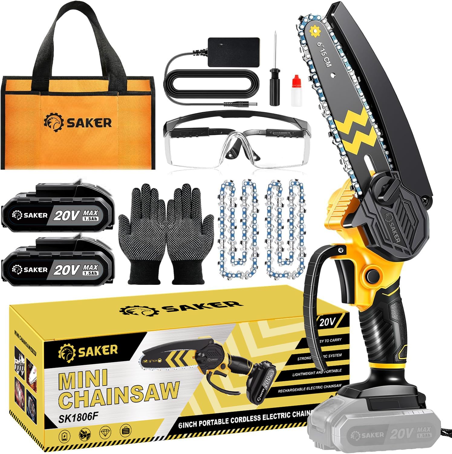 Saker Mini Chainsaw Cordless 6-Inch-Switch Security Lock-Cordless Power Chain Saws-Handheld Small Chainsaw for Cutting Wood Trimming and Woodworking- Mini Chain Saw Cordless with 2 Batteries