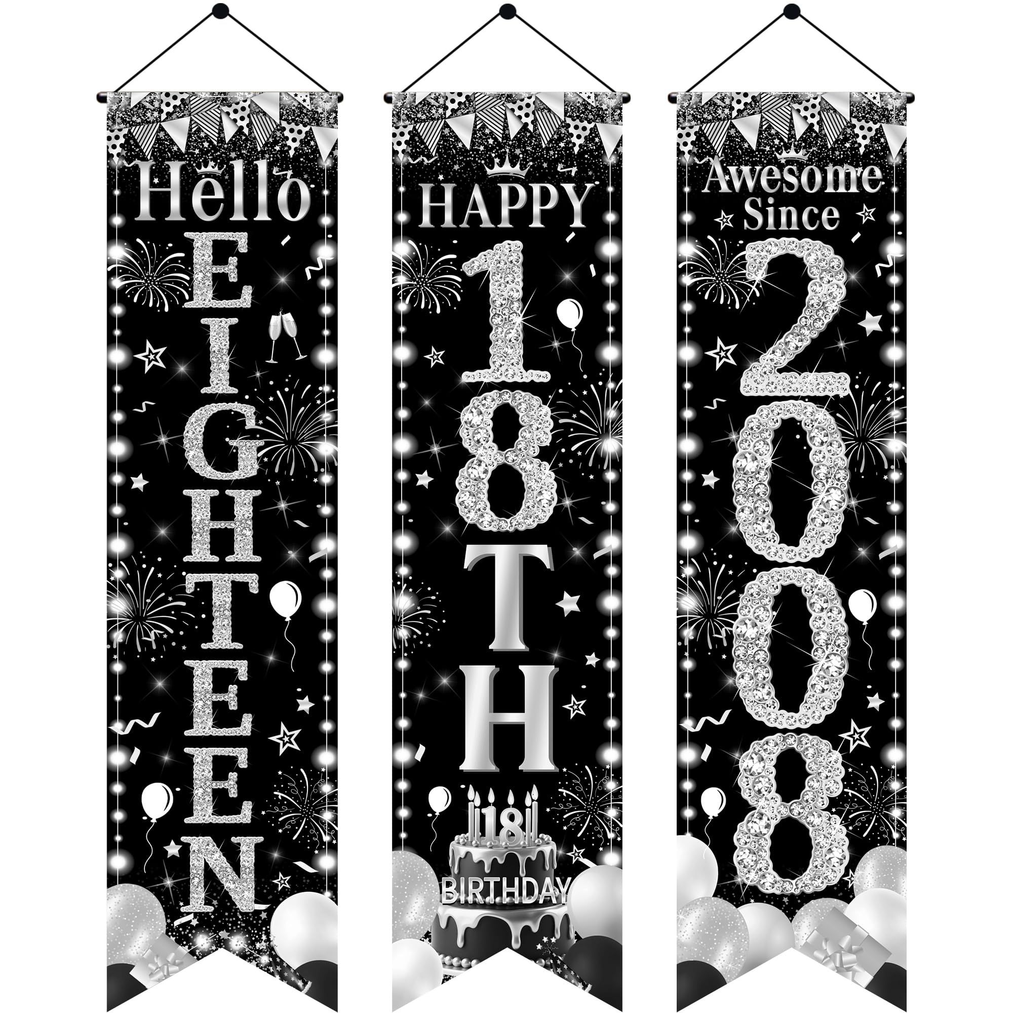 18th Birthday Door Banner Decorations - Black Silver Hello Eighteen Porch Signs 3.9x0.9ft, 3Pcs Cheers to 18 Years Awesome Since 2008 Hanging Banners for 18th Birthday Party Decor