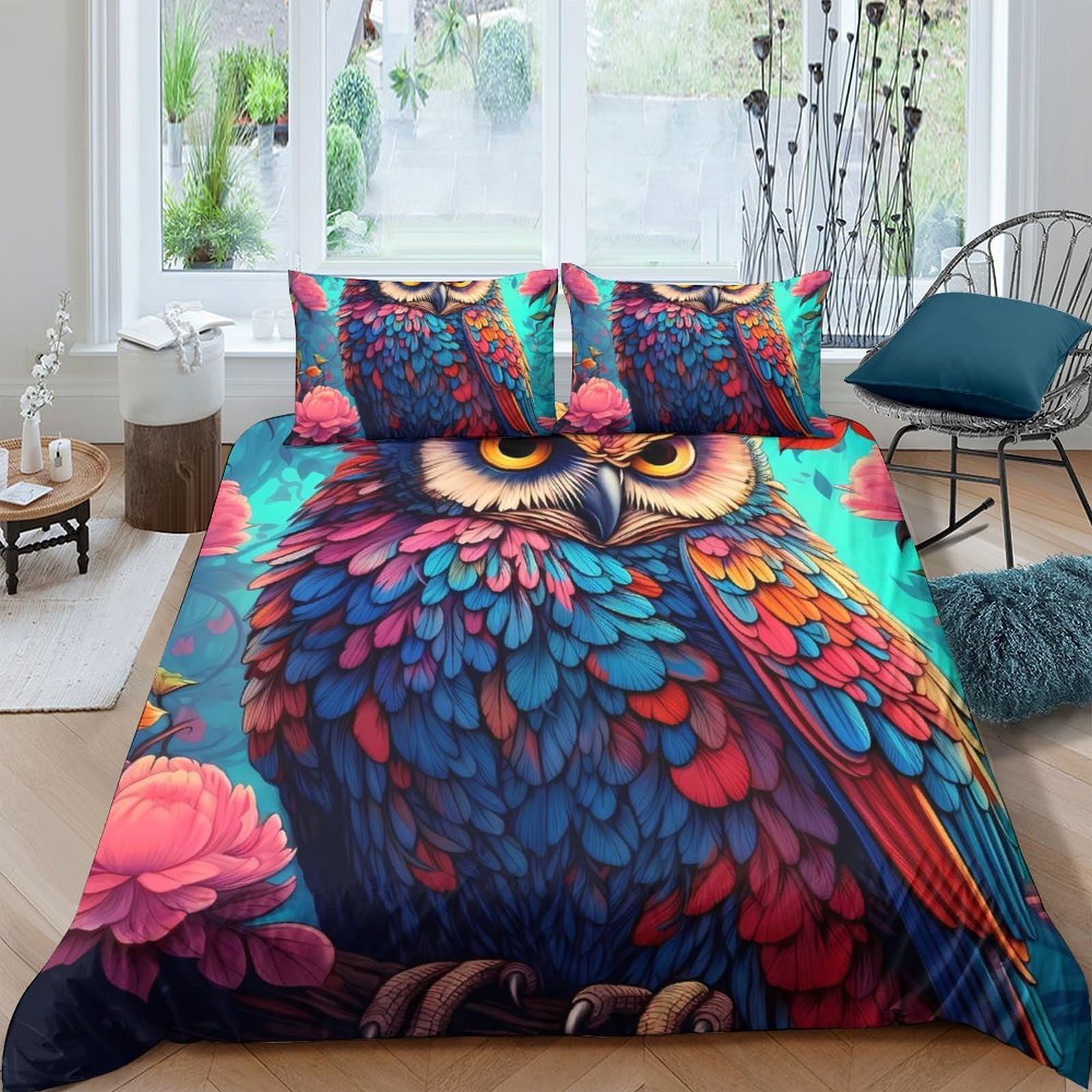 Ctjqhvkz Style-2 3D Printed Colorful Owl Fitted Sheet Microfiber Soft Vibrant Floral Bed Cover For Bedroom Dorm Mattress Decor Single（135X200cm）