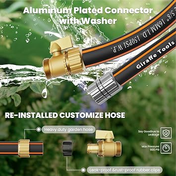 Giraffe Tools Hybrid Garden Hose 75ft x 5/8, Male and Female Fittings with Shut off Valve, Flexible, Heavy Duty, Leakproof, Lightweight Water Hose