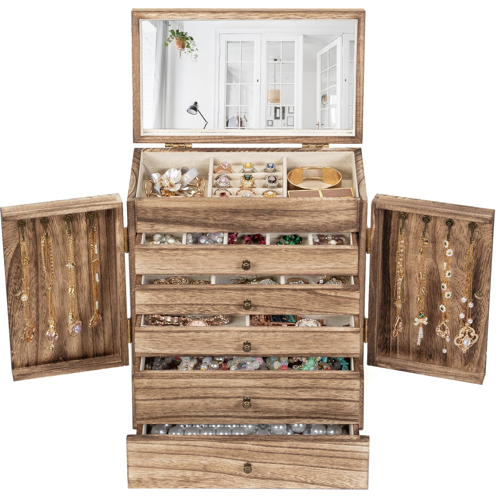 6 Niveaux Boîte à Bijoux Femmes, Grande Boîte à Bijoux Rustique en Bois avec Miroir, Boîte de Rangement à Bijoux pour Bagues, Boucles d'oreilles, Colliers, Bracelets (Rétro Brown)