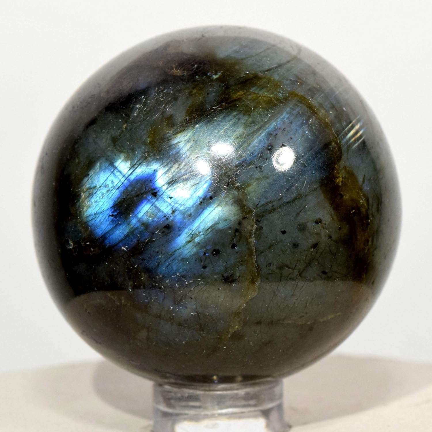 HQRP 43mm Madagascar Spectrolite Labradorite Sphere Natural Azure Yellow Flash Mineral Ball Polished Feldspar Crystal Stone + Stand