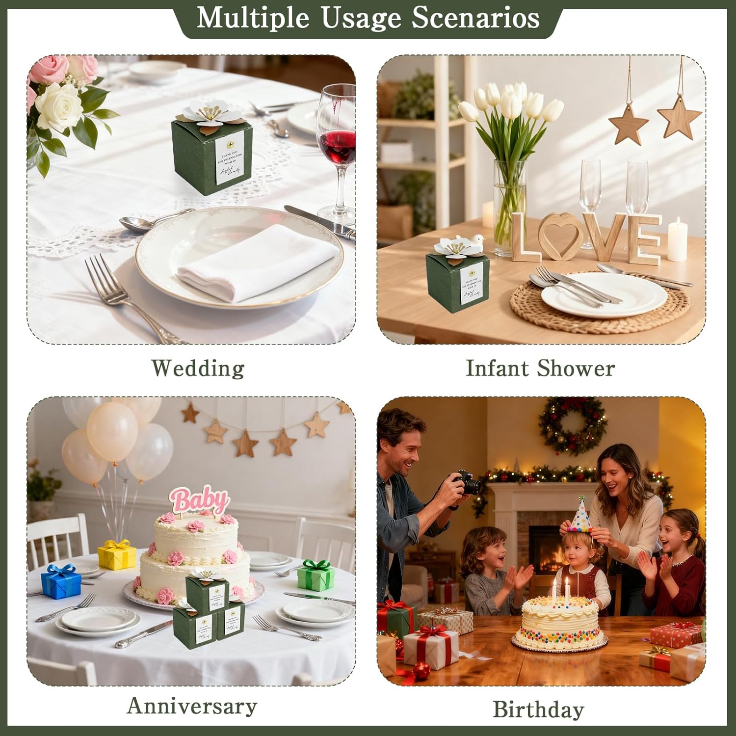 PEDOBALI 52 Pcs Wedding Favor Boxes with Thanks Card Green Square Bridal Candy Gift Box Flower Gift Paper Boxesfor Wedding Birthday Party Anniversary - Image 7