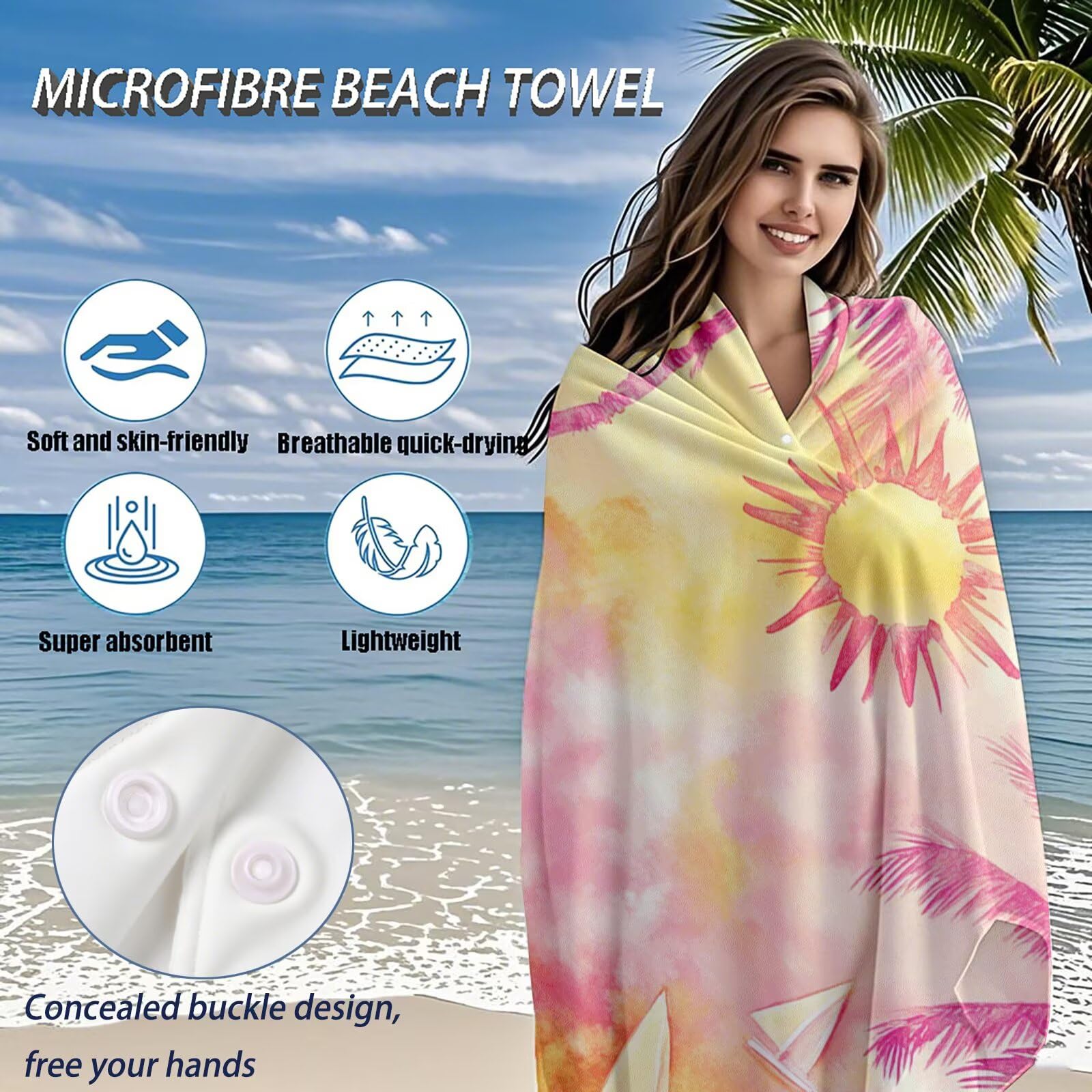 Serviette Plage Rose Motif, Serviette de Plage XXL 90x180 cm avec Sac, Serviettes de Bain Microfibre Séchage Rapide Anti-Sable Absorbante Fonction pour Bain, Sport, Voyages, Sauna, Piscine Q-793