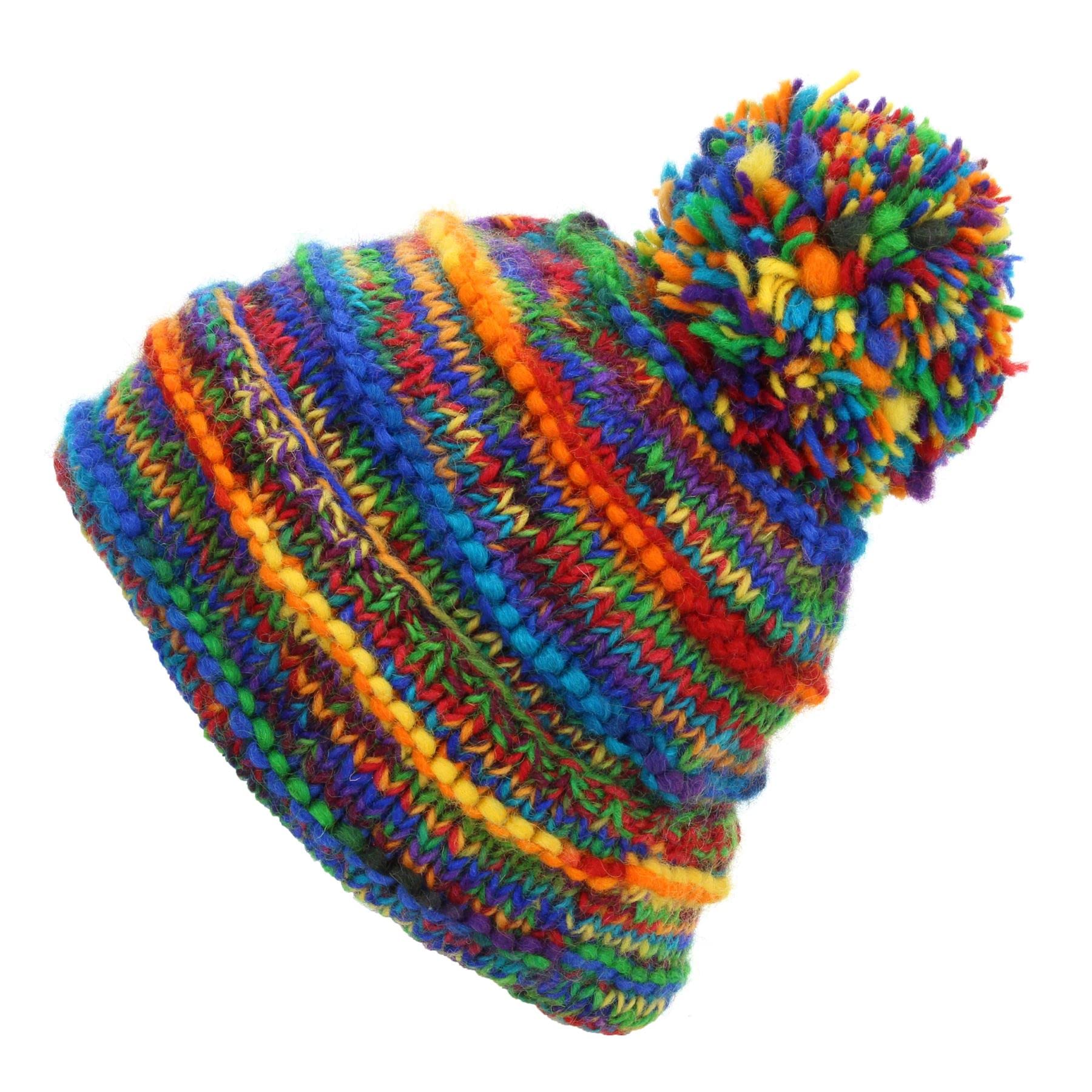LOUDelephant Hand Knitted Wool Beanie Bobble Hat - SD Rainbow Rib