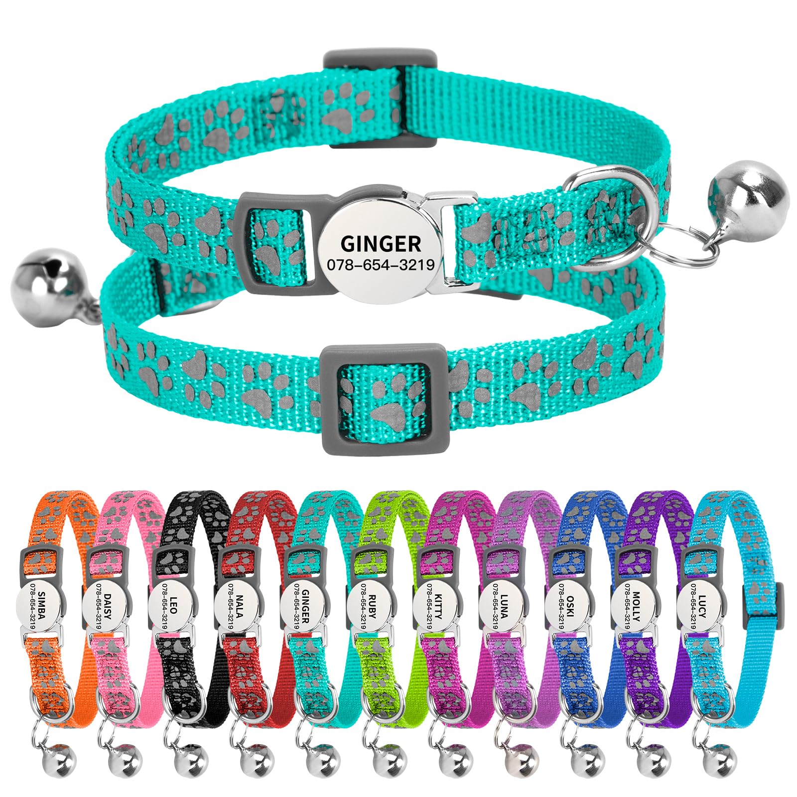 Personalised Reflective Cat Collar with Name Tag,Quick Release Kitten Collars with Bell Safety Buckle, Adjustable Nylon Cat Collar for Cats Kittens UK Prime (19–30 cm, Dark Green Paw) — image 1