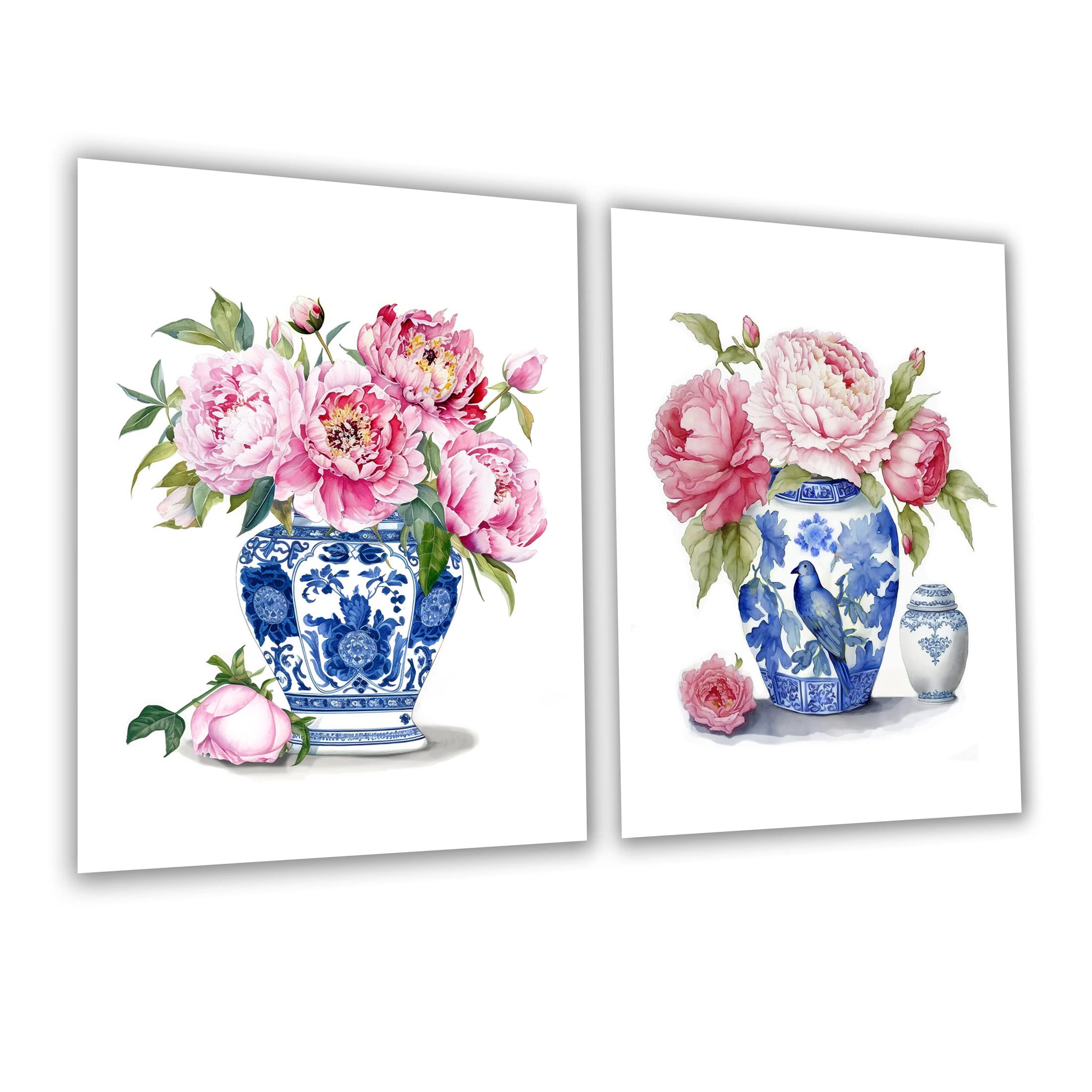 Gnosis Picture Archive Blue, Pink And White Ginger Jar Blue White Chinoiserie Motifs With Pink Peony Bouquet Watercolor Paintings Set Of 2 Unframed Art Prints