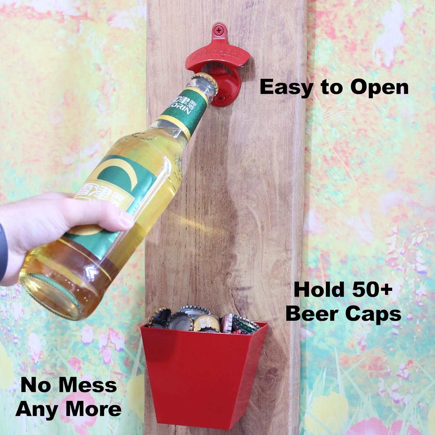 Red Wall Mounted Bottle Opener and Cap Catcher with Drain Openings image 3