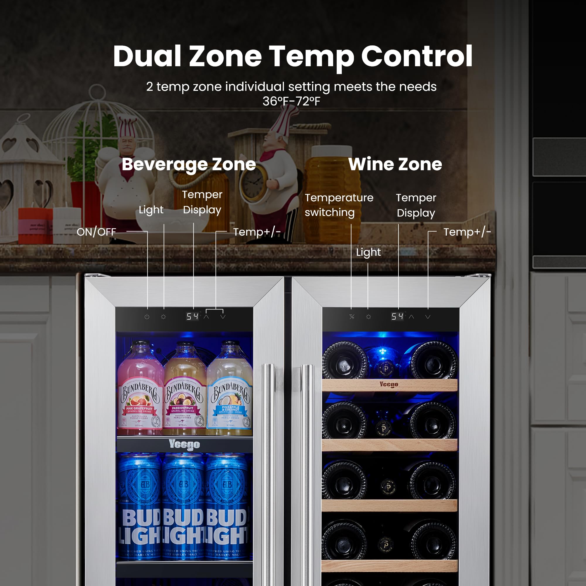 YEEGO Wine And Beverage Refrigerator, 24 Inch Dual Zone Wine Fridge With Glass Door, 36-72℉ Beer Cooler Holds 20 Bottles And 60 Cans, Built-In Or Freestanding Beverage Cooler For Home Bar Office on Fridge.com - View 4