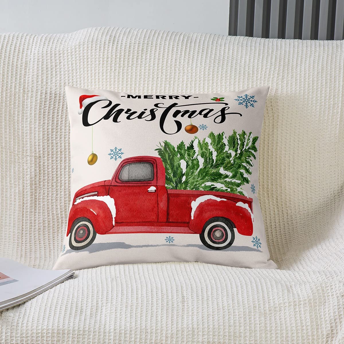 Loussiesd Świąteczna poszewka na poduszkę 50 cm x 50 cm zestaw 4 miękkich czerwonych wyścigów samochodowych choinka płatek śniegu poszewka na poduszkę na sofę Boże Narodzenie motyw dekoracyjne poszewki na poduszki na zewnątrz