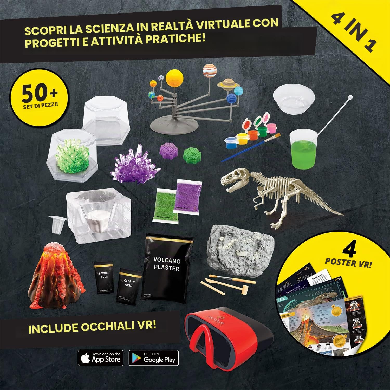 Abacus Brands Virtual Reality 4 in 1 Deluxe VR Lab - Libro interattivo Illustrato VR e Set di attività di apprendimento STEM (Sistema Solare, Dino-Dig, Crystal e Vulcano)