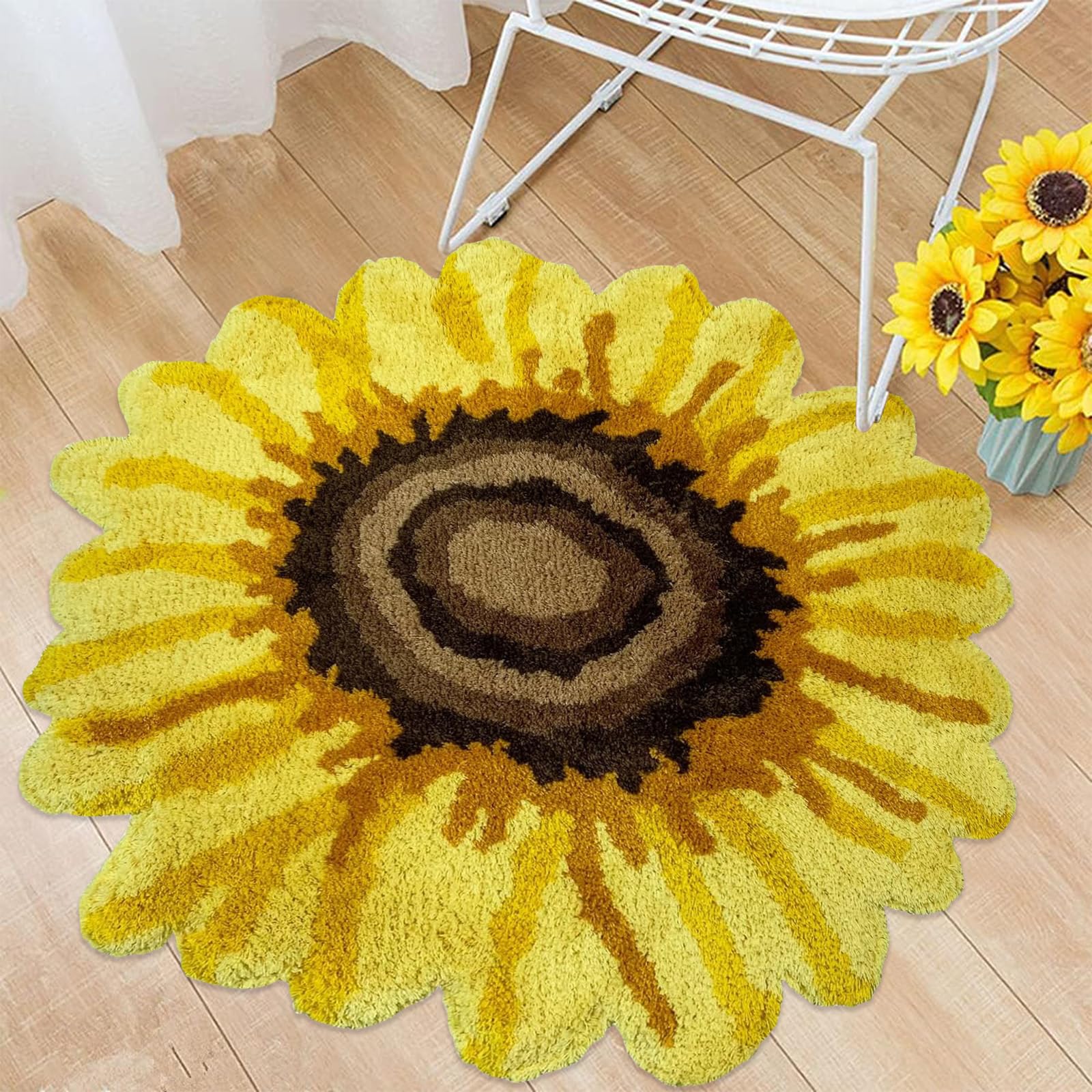 Lacomfy Sunflower Rugs, Shaggy Yellow Floral Area Rugs Cotton Handmade Sunflower Carpet Non-Slip Absorbent Farmhouse Rugs for Doormat Kitchen Bathroom
