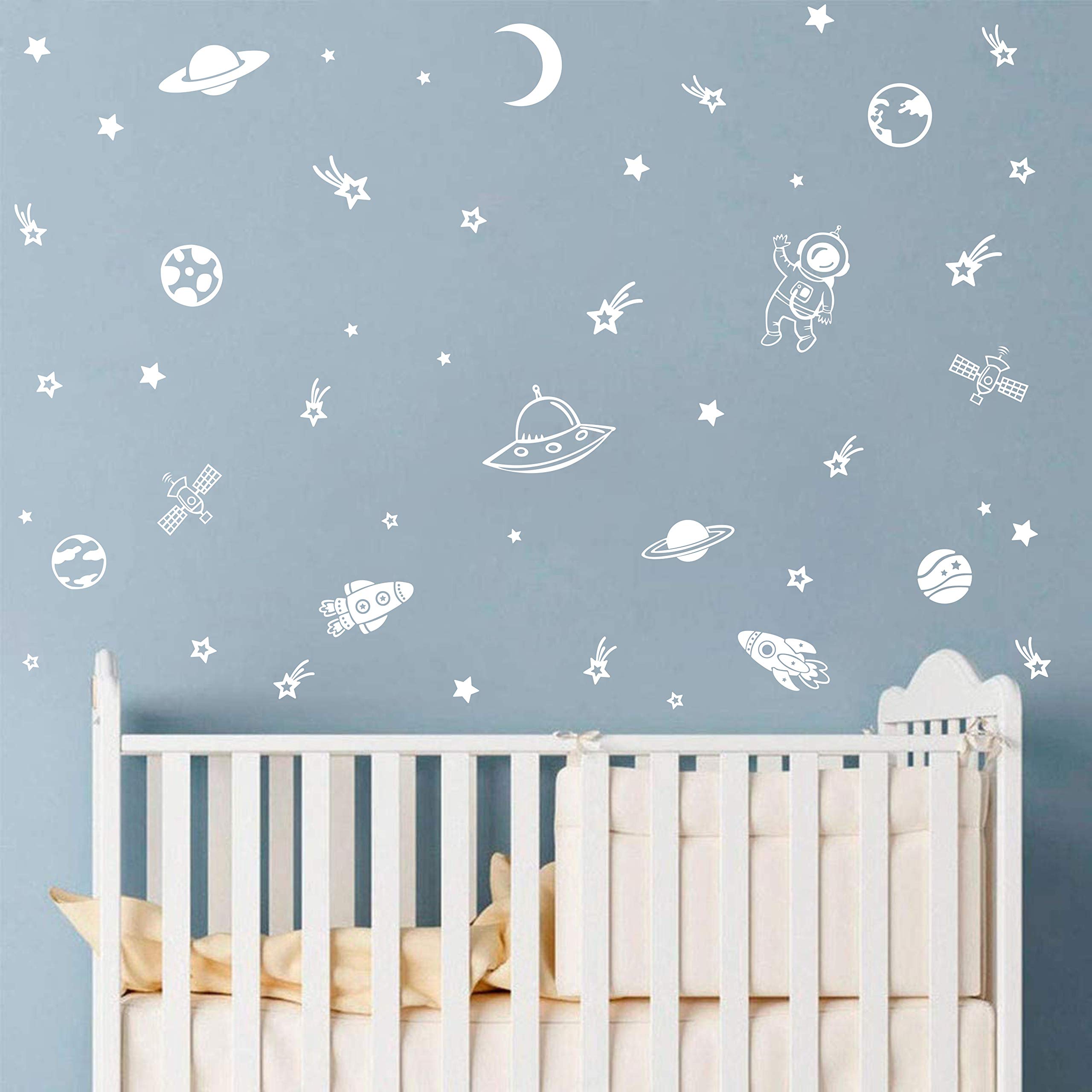 Outer Space Wall Decals for Boys Bedroom Decoration Rockets Planets Stars Wall Stickers Removable Wall Decor for Baby Kids Room (DDK33) (White)