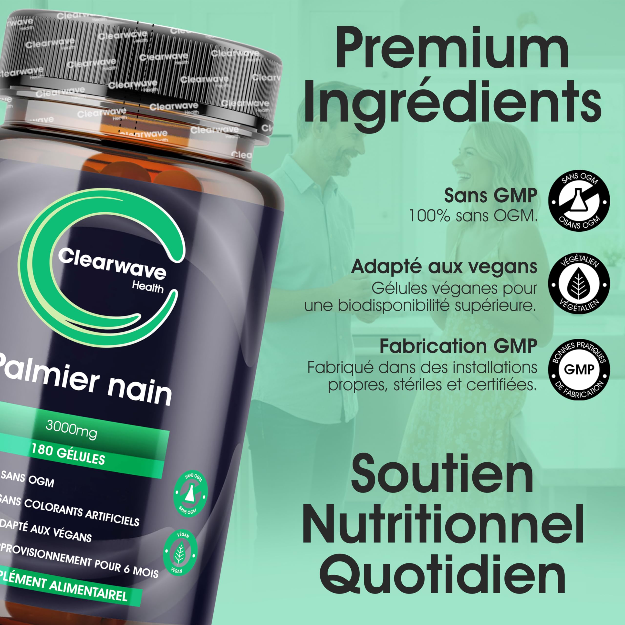 Extrait de palmier nain - dose quotidienne équivalente de 3000 mg utilisant un extrait 15:1. 180 capsules végétaliennes - Extrait de palmier nain à haute dose - 6 mois d'approvisionnement.
