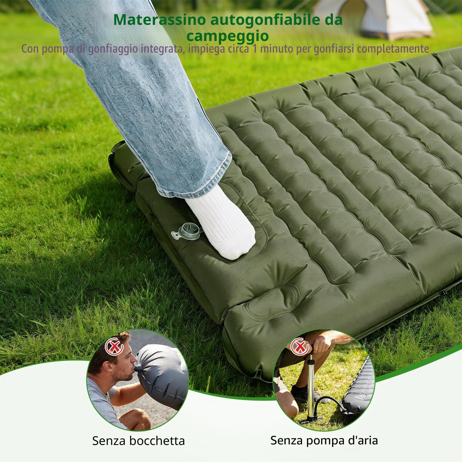 Materassino Campeggio 12cm, 196x70 CM Materasso Gonfiabile Singolo con Pompa a Pedale Integrata, Letto Gonfiabile Impermeabile Singolo con Cuscino, Tappetino da Trekking e Viaggio (Verde)