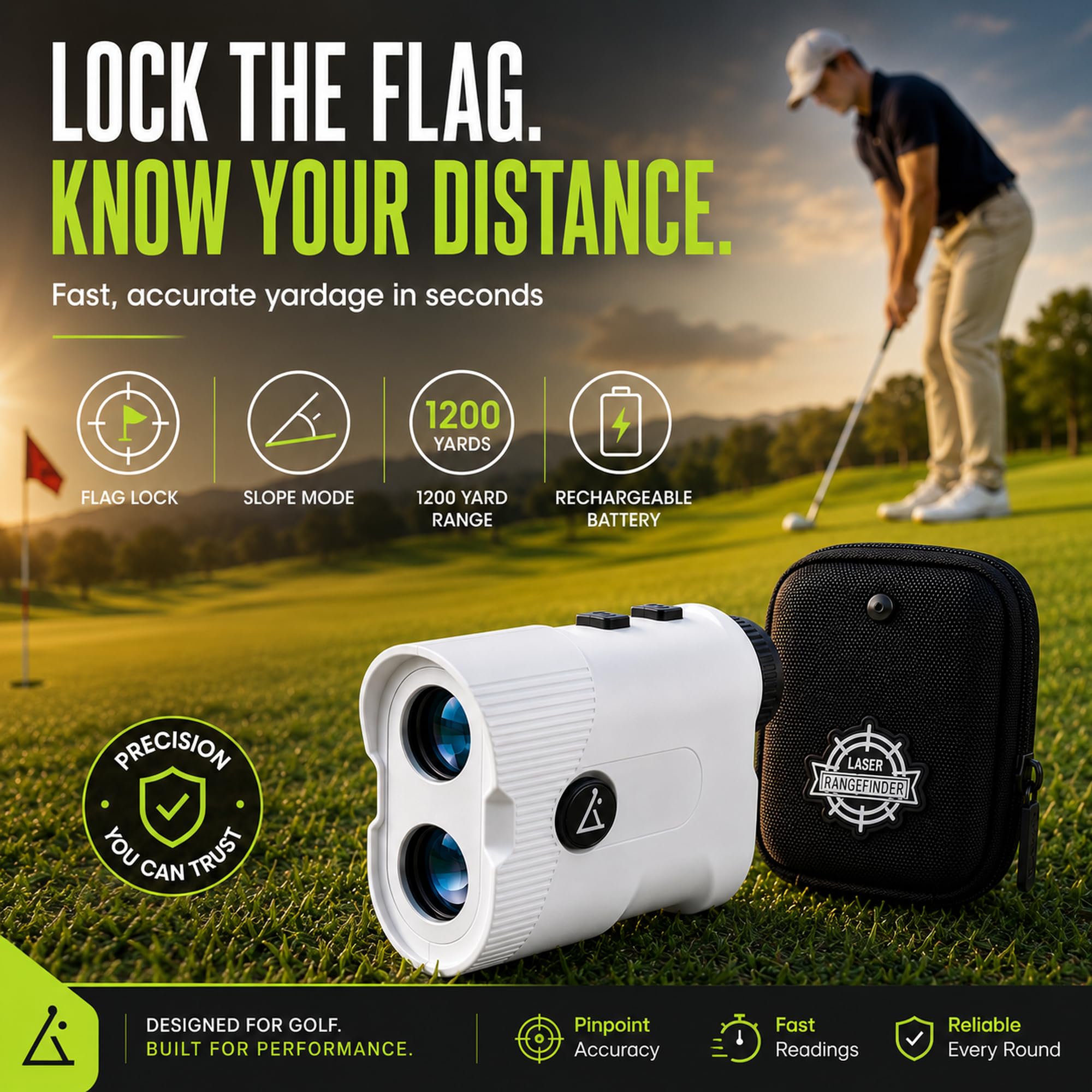 Lunai Télémètre de golf avec pente | Télémètre laser de classe 1 | Batterie rechargeable 600 mAh avec Type-C | Localisateur de mètres léger pour la pratique du golf et les tournois
